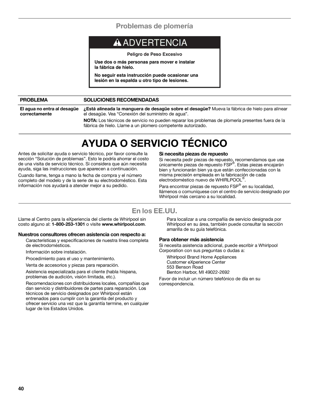 Whirlpool GI15NDXZS, GI15NDXZQ, GI15NDXZB manual Ayuda O Servicio Técnico, Problemas de plomería, En los EE.UU 