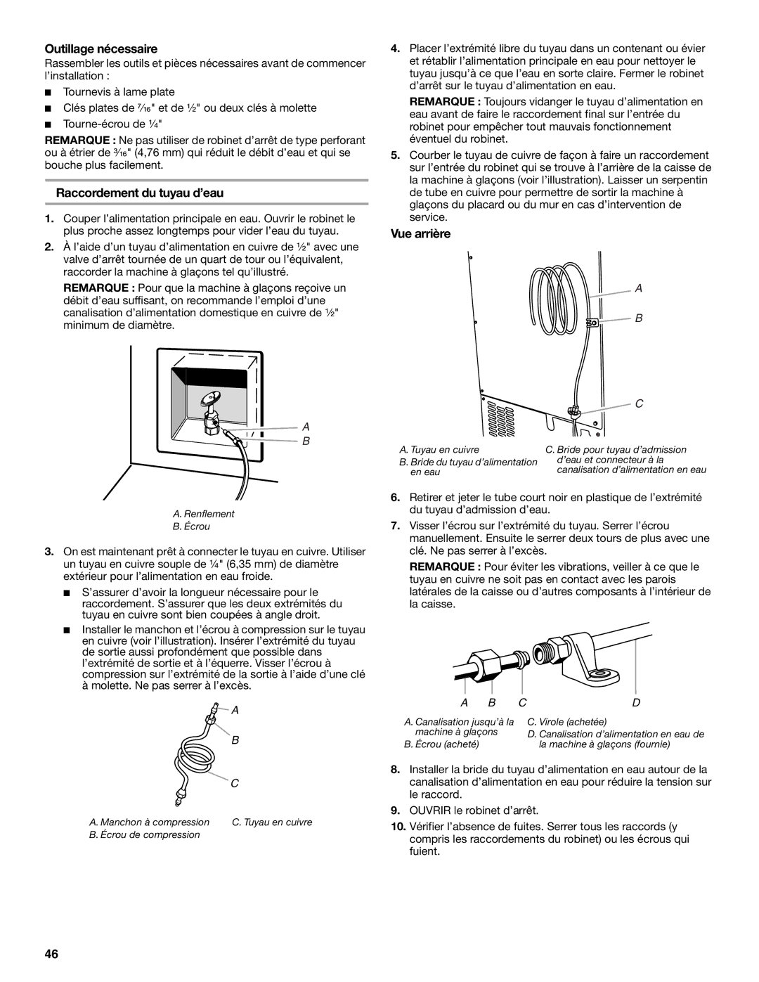 Whirlpool GI15NDXZS, GI15NDXZQ, GI15NDXZB manual Outillage nécessaire, Raccordement du tuyau d’eau, Vue arrière 