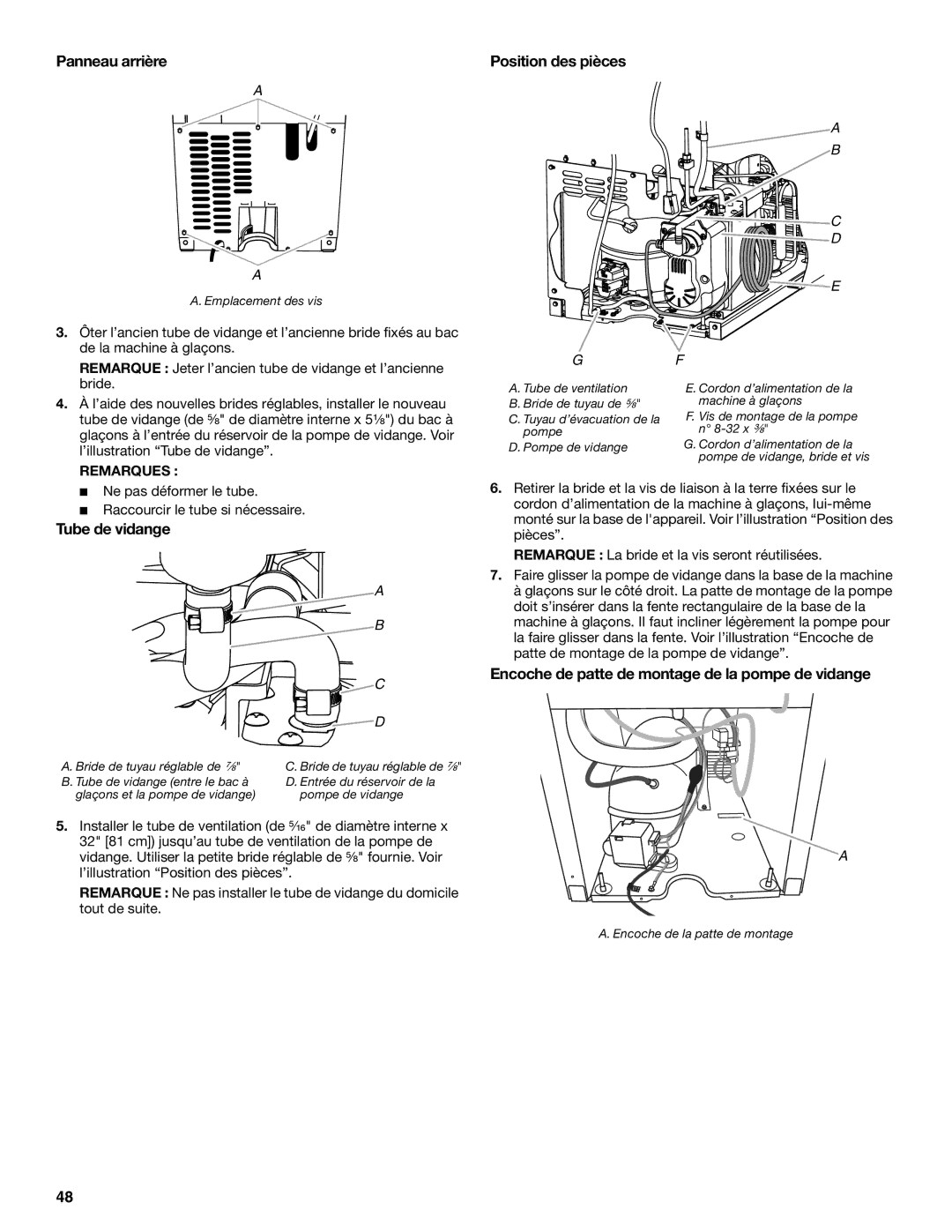 Whirlpool GI15NDXZQ, GI15NDXZS manual Panneau arrière, Tube de vidange, Encoche de patte de montage de la pompe de vidange 