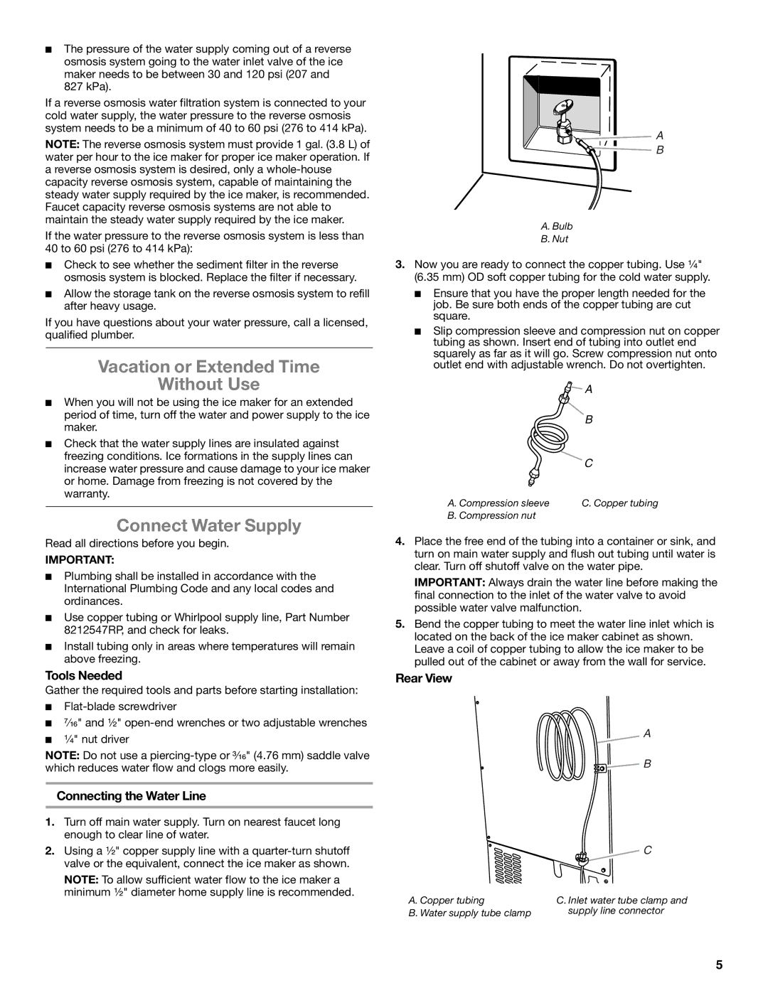 Whirlpool GI15NDXZB, GI15NDXZQ, GI15NDXZS manual Vacation or Extended Time Without Use, Connect Water Supply, Tools Needed 