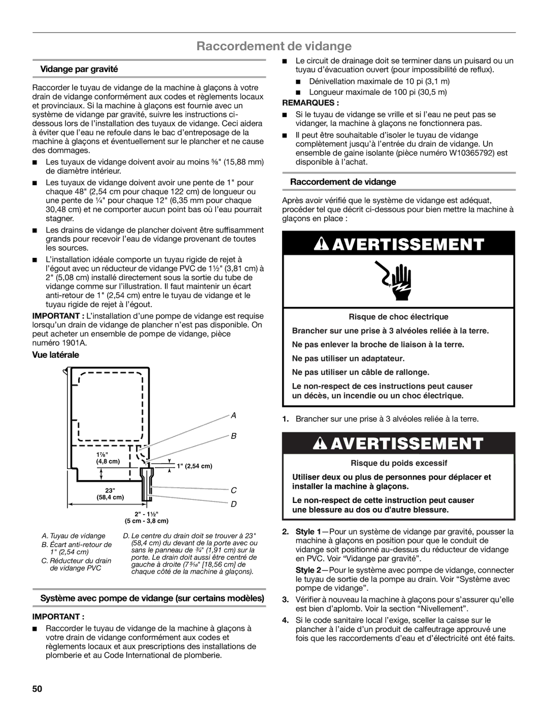 Whirlpool GI15NDXZB, GI15NDXZQ, GI15NDXZS manual Raccordement de vidange, Vidange par gravité, Vue latérale 