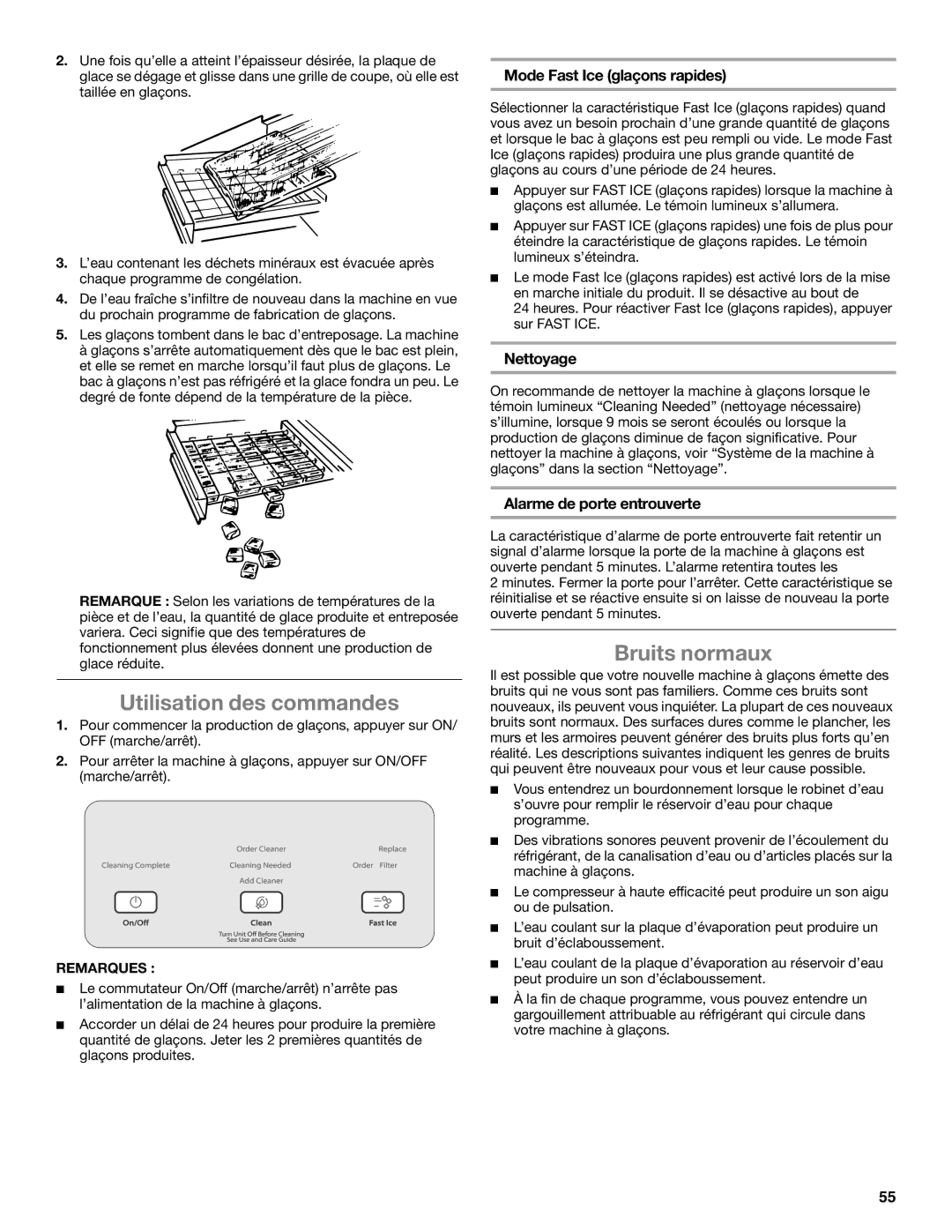 Whirlpool GI15NDXZS, GI15NDXZQ manual Utilisation des commandes, Bruits normaux, Mode Fast Ice glaçons rapides, Nettoyage 