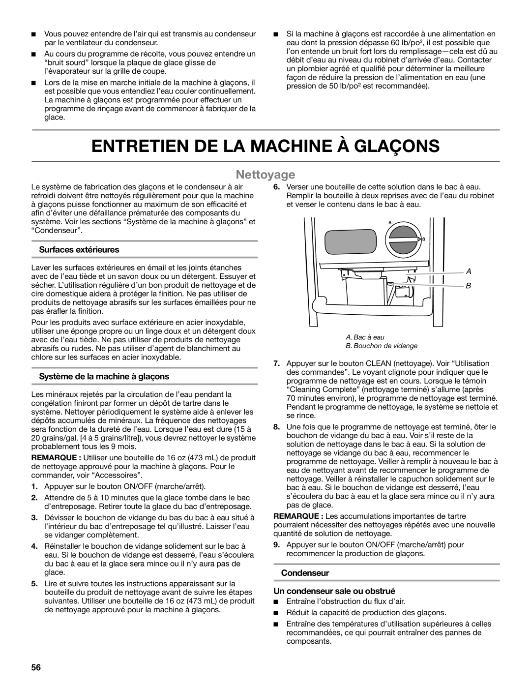 Whirlpool GI15NDXZB Entretien DE LA Machine À Glaçons, Nettoyage, Surfaces extérieures, Système de la machine à glaçons 