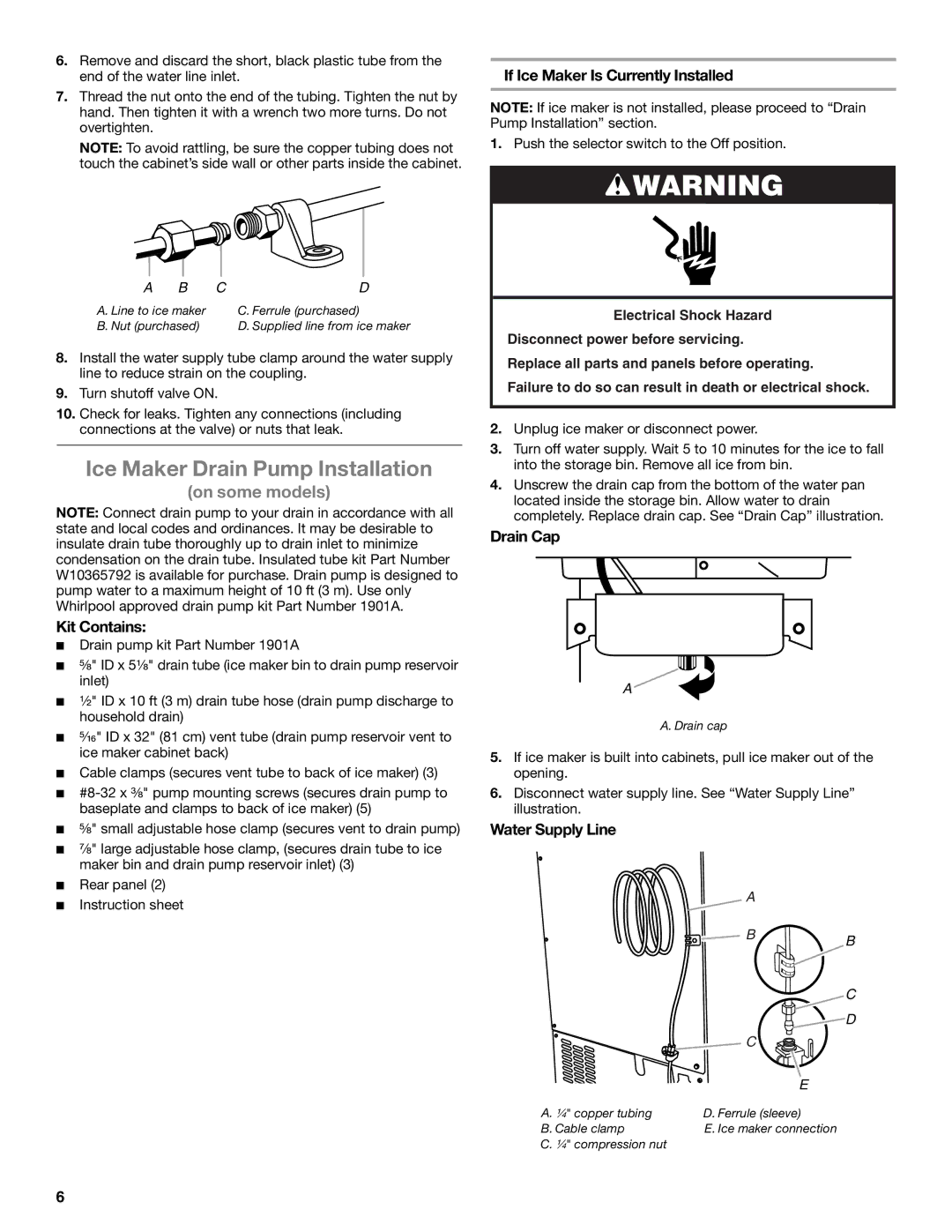 Whirlpool GI15NDXZQ manual Ice Maker Drain Pump Installation, Kit Contains, If Ice Maker Is Currently Installed, Drain Cap 