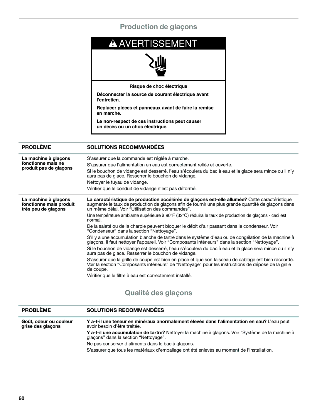 Whirlpool GI15NDXZQ, GI15NDXZS, GI15NDXZB manual Production de glaçons, Qualité des glaçons 