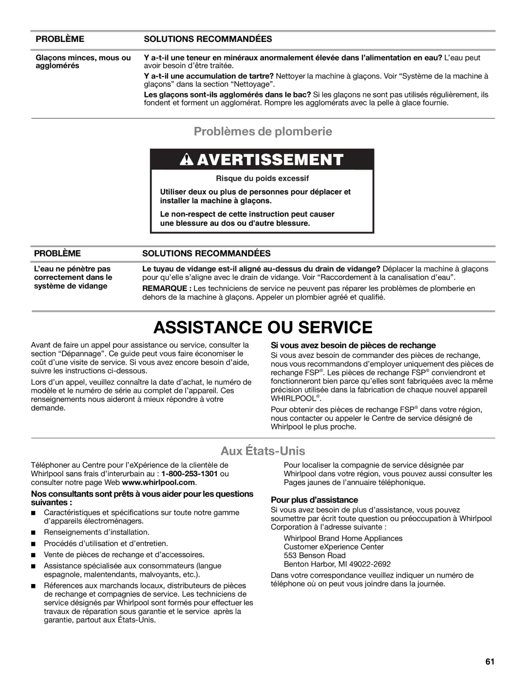 Whirlpool GI15NDXZS, GI15NDXZQ manual Assistance OU Service, Problèmes de plomberie, Aux États-Unis, Pour plus d’assistance 