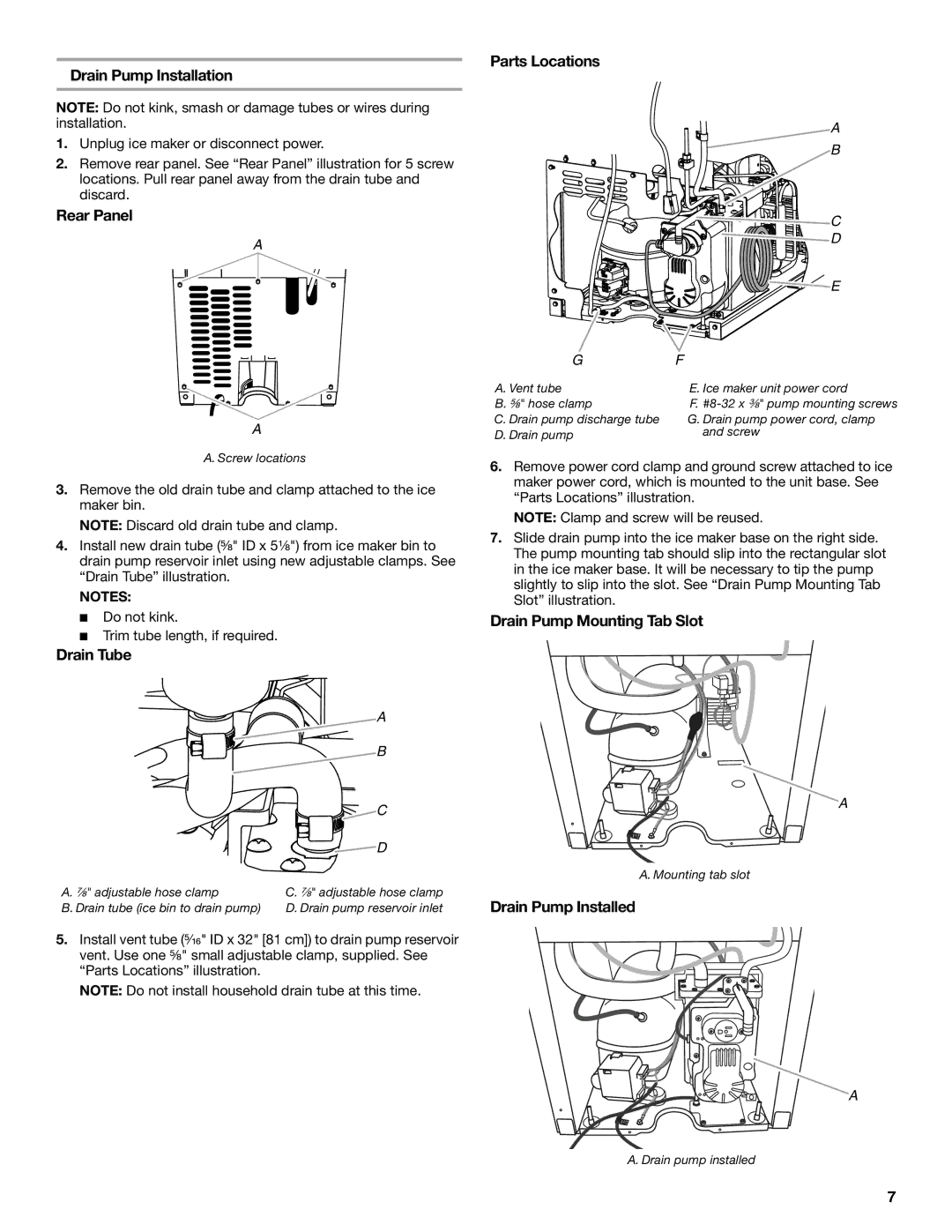 Whirlpool GI15NDXZS manual Drain Pump Installation, Rear Panel, Drain Tube, Parts Locations, Drain Pump Mounting Tab Slot 