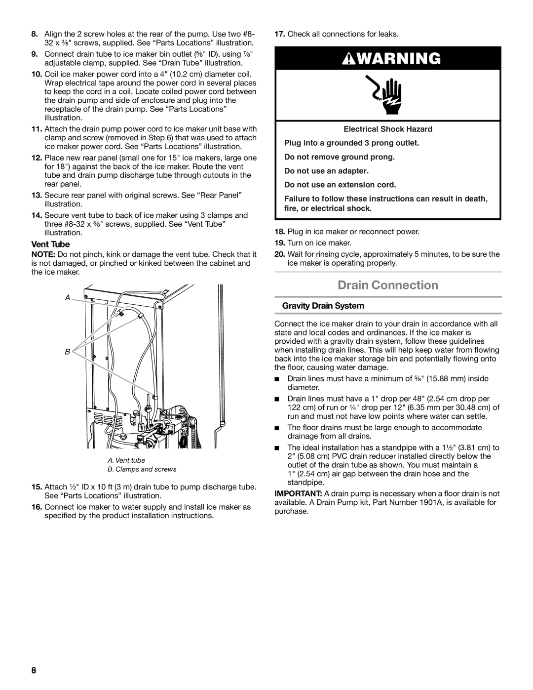 Whirlpool GI15NDXZB, GI15NDXZQ, GI15NDXZS manual Drain Connection, Vent Tube, Gravity Drain System 