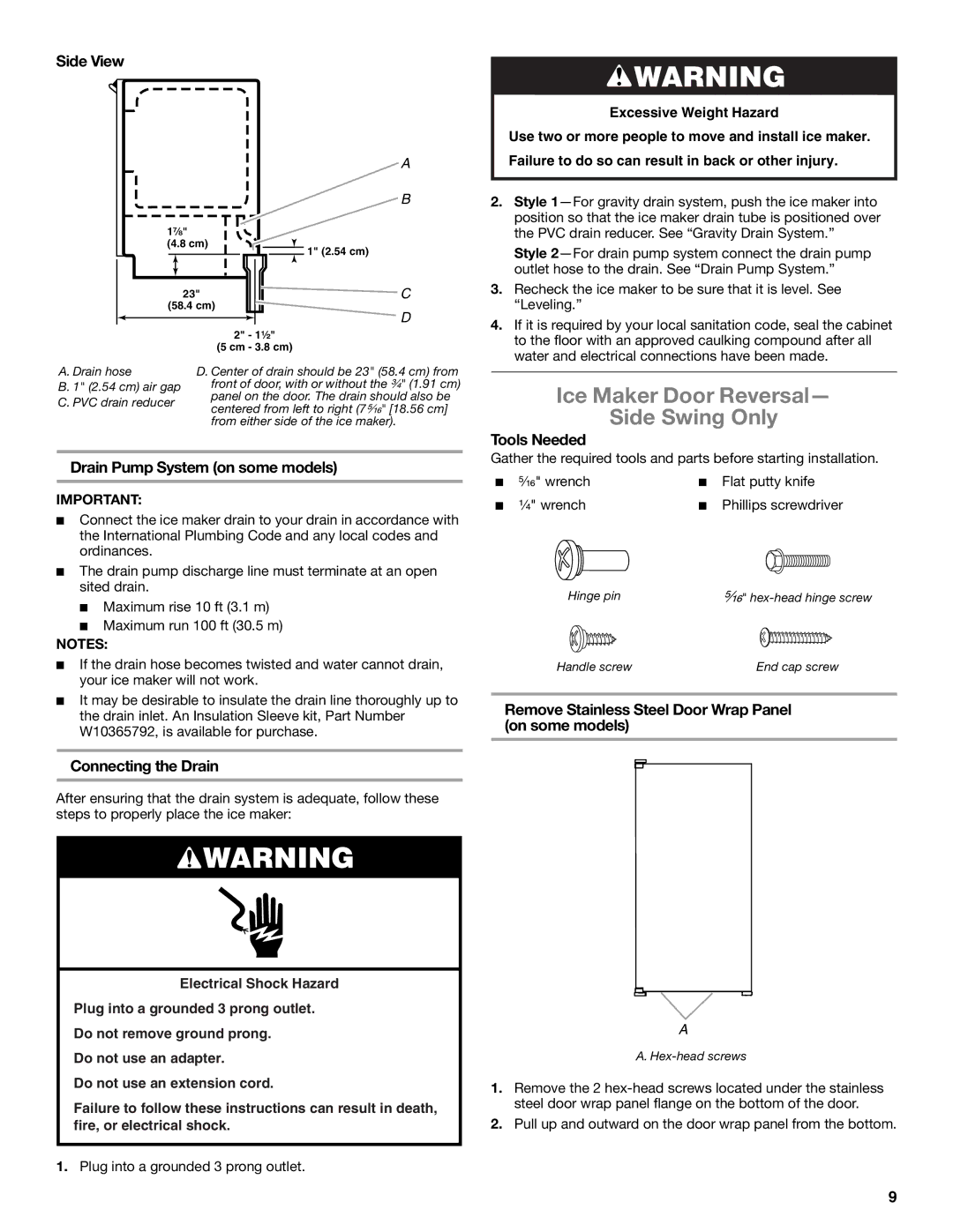 Whirlpool GI15NDXZQ, GI15NDXZS manual Ice Maker Door Reversal Side Swing Only, Side View, Drain Pump System on some models 