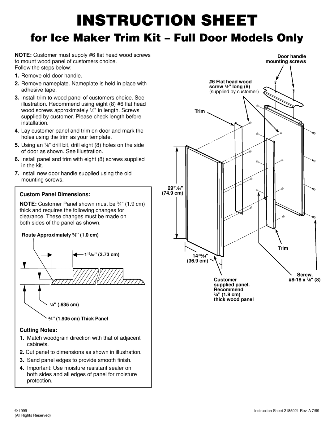 Whirlpool GI15NFLTS instruction sheet Instruction Sheet, For Ice Maker Trim Kit Full Door Models Only, Cutting Notes 