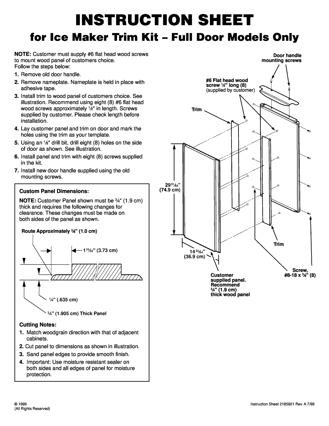 Whirlpool GI15NFLTS instruction sheet Instruction Sheet, for Ice Maker Trim Kit - Full Door Models Only, Cutting Notes 