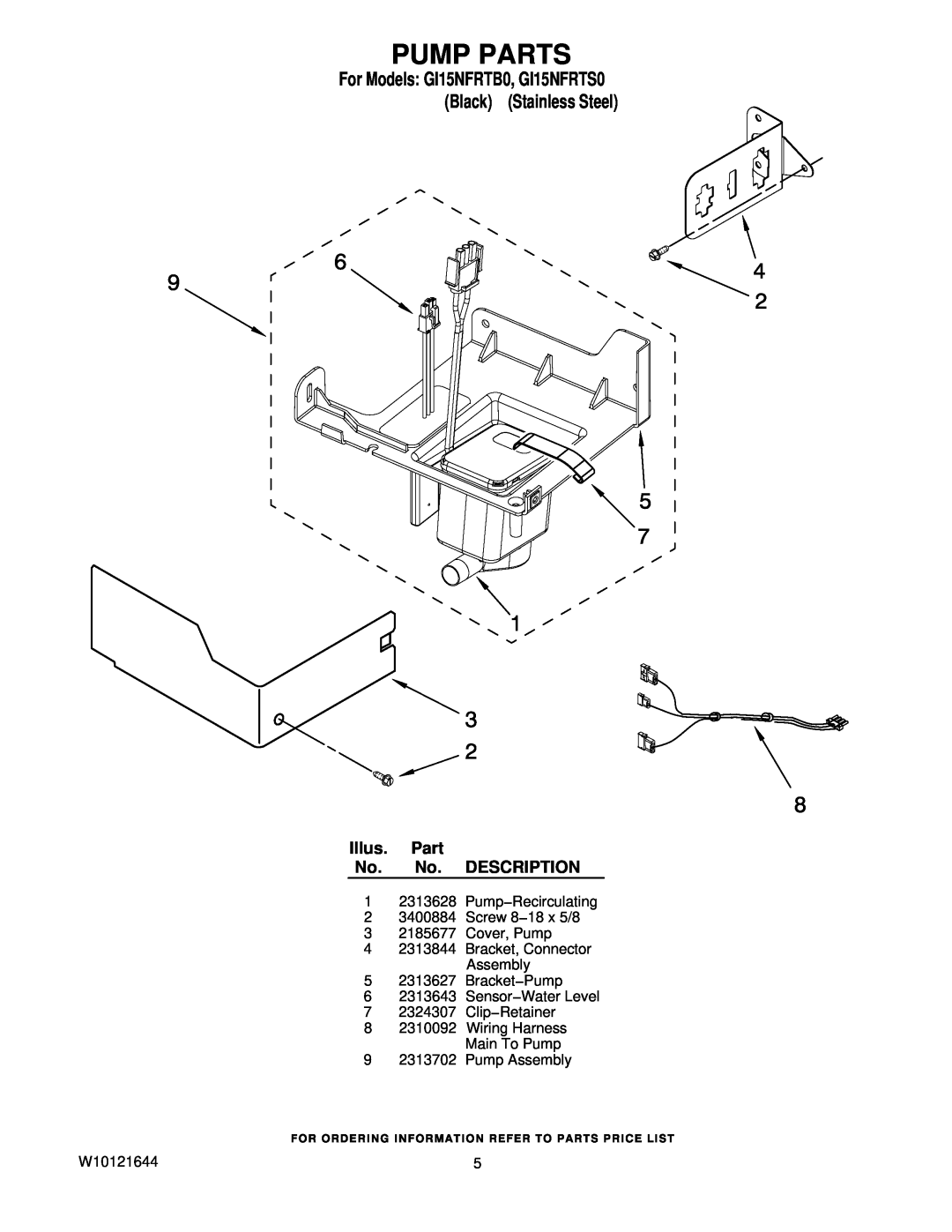 Whirlpool GI15NFRTB0 manual Pump Parts, Illus. Part No. No. DESCRIPTION, Pump−Recirculating, Clip−Retainer, Pump Assembly 