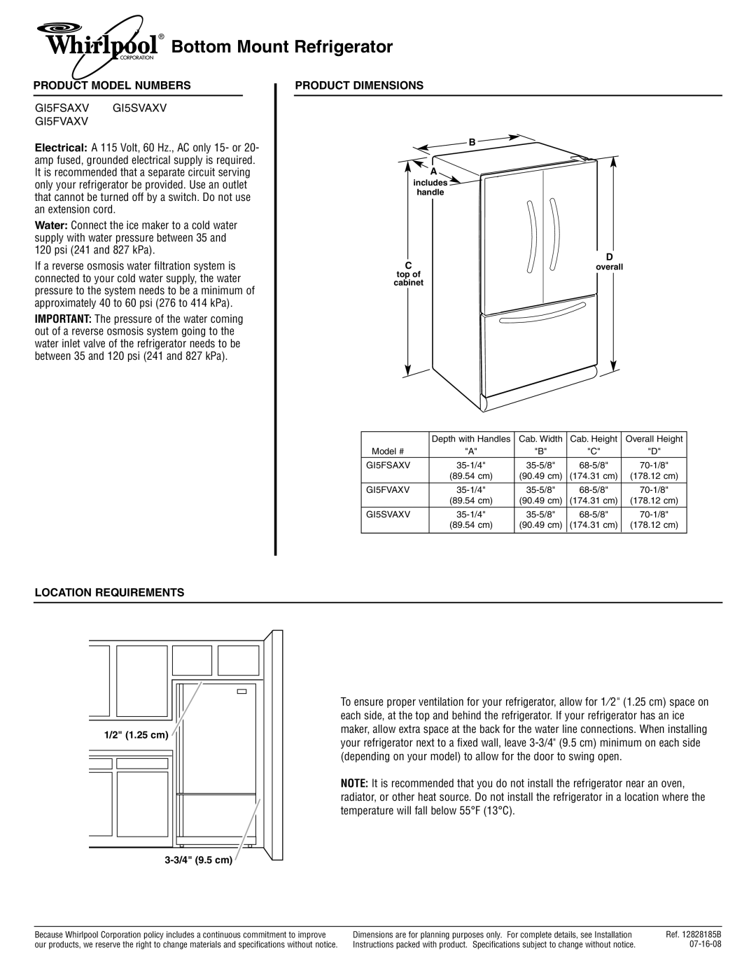 Whirlpool GI5SVAXV dimensions Bottom Mount Refrigerator, Product Model Numbers, Product Dimensions, Location Requirements 