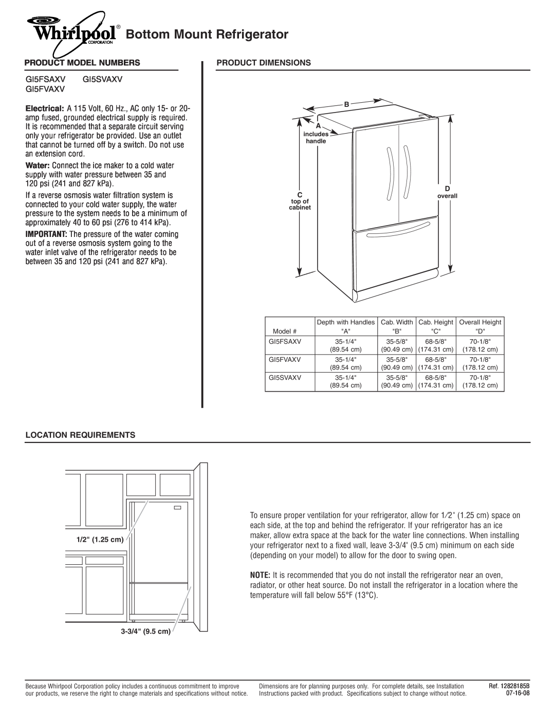 Whirlpool GI5SVAXV dimensions Bottom Mount Refrigerator, Product Model Numbers, Product Dimensions, Location Requirements 