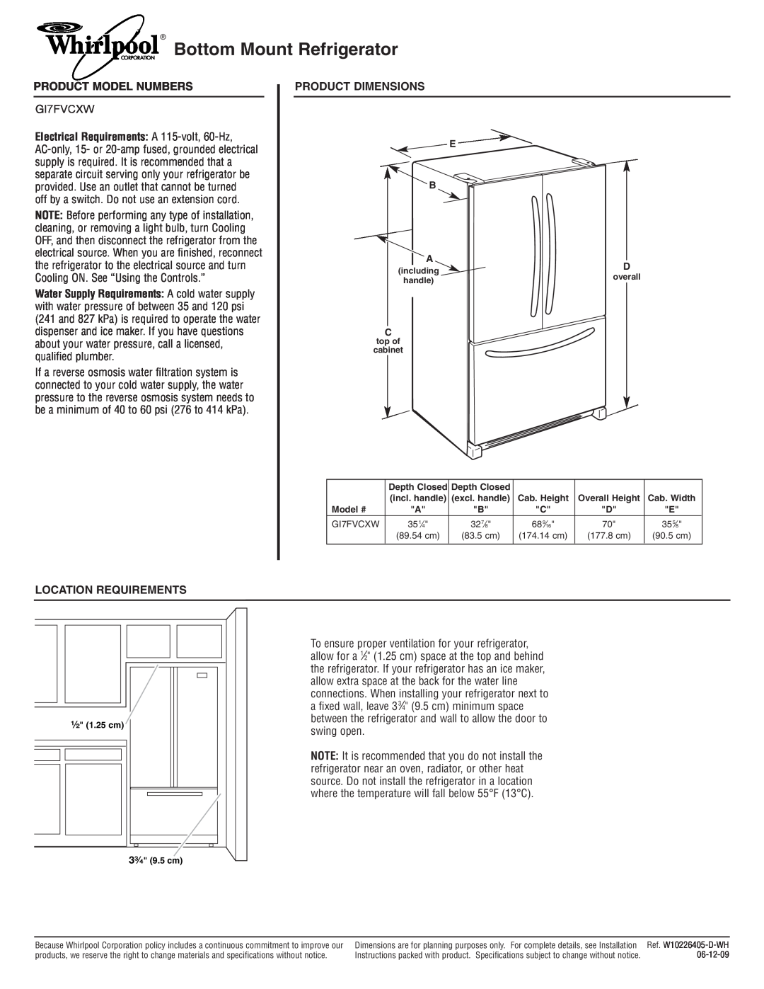 Whirlpool GI7FVCXW dimensions Bottom Mount Refrigerator, Product Model Numbers, Product Dimensions, Location Requirements 