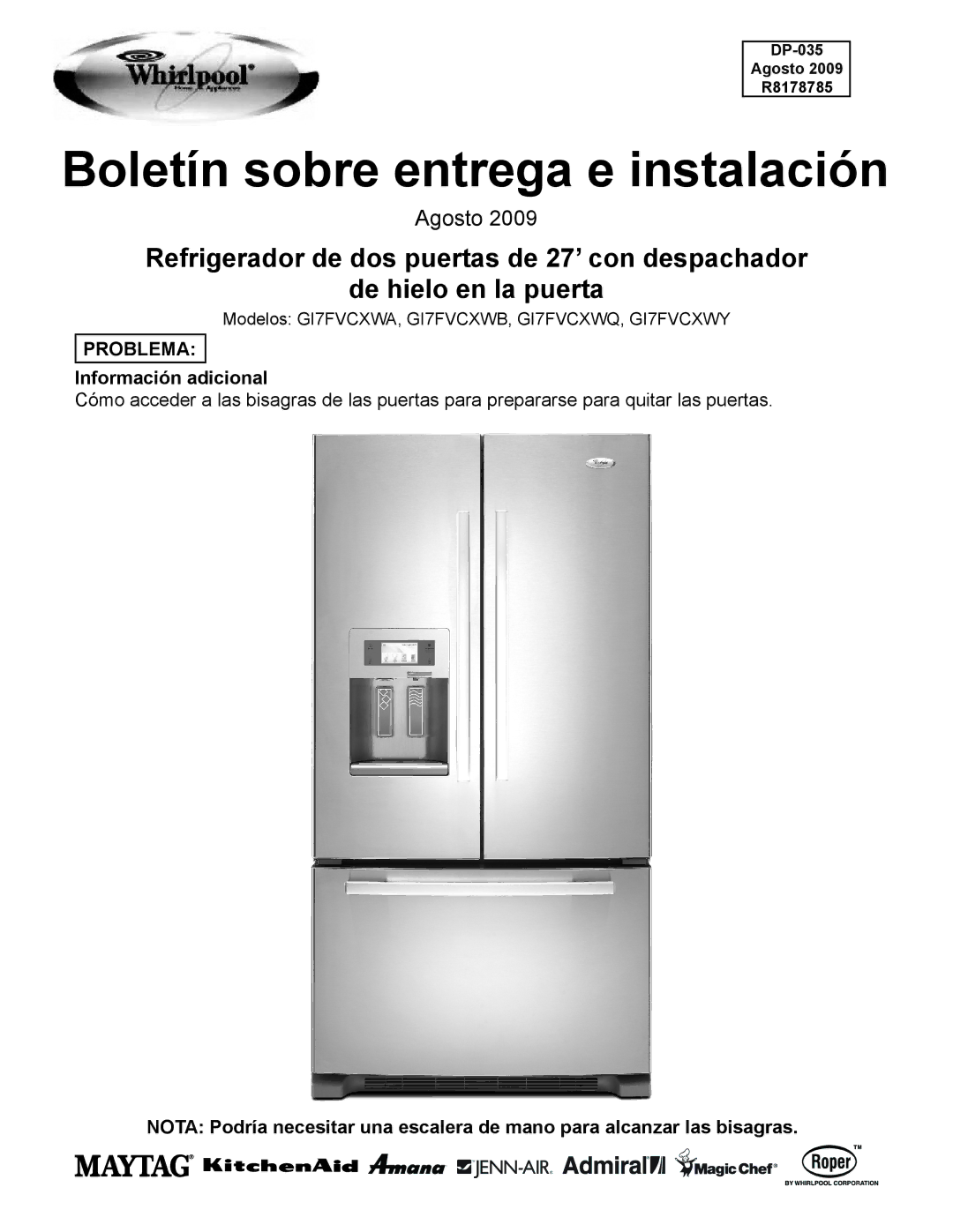 Whirlpool GI7FVCXWA manual Boletín sobre entrega e instalación 