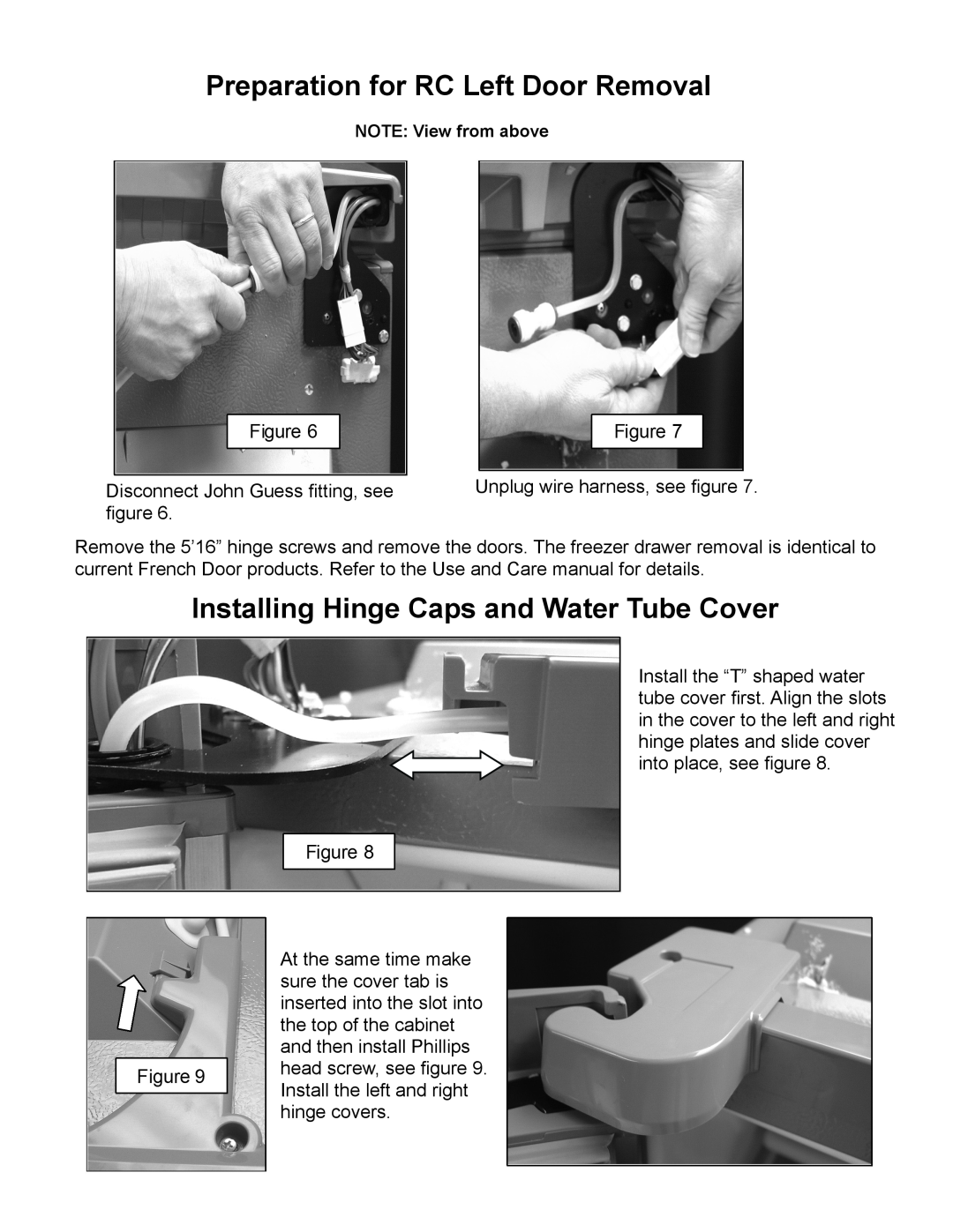 Whirlpool GI7FVCXWA manual Preparation for RC Left Door Removal, Installing Hinge Caps and Water Tube Cover 