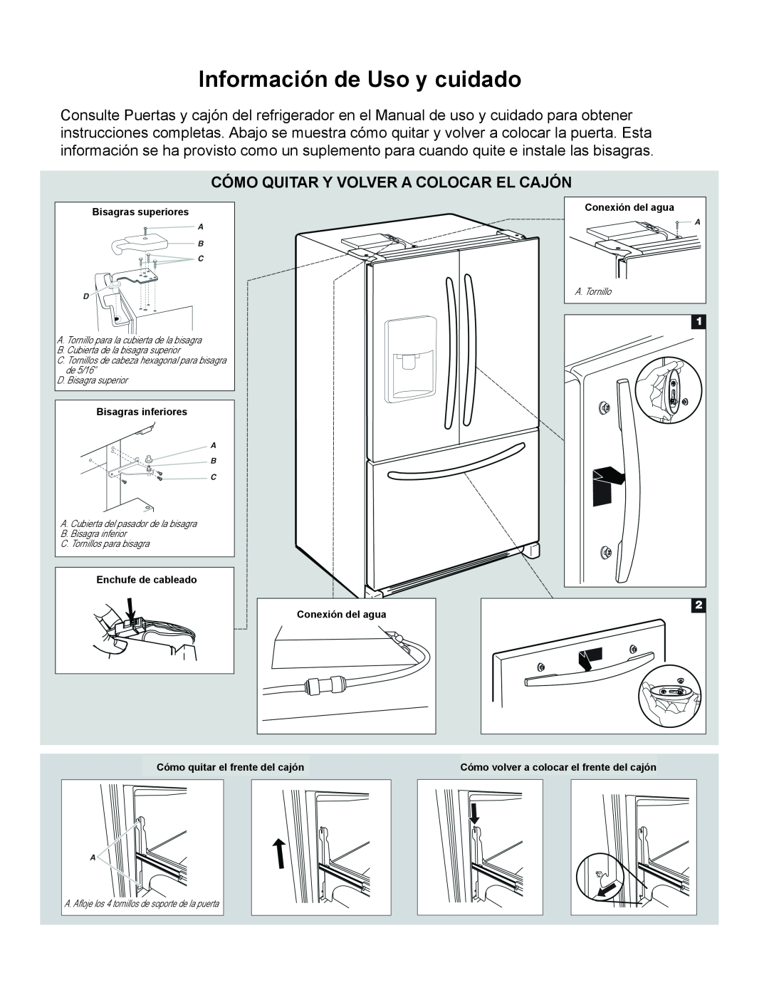Whirlpool GI7FVCXWA manual Información de Uso y cuidado, Cómo quitar y volver a colocar el cajón 