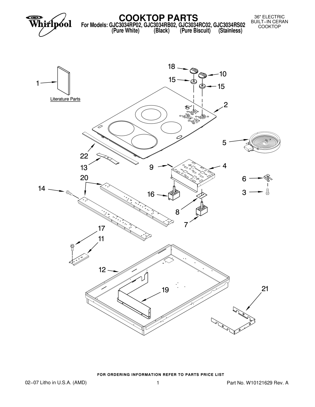 Whirlpool GJC3034RS02, GJC3034RC02, GJC3034RP02, GJC3034RB02 manual Cooktop Parts 