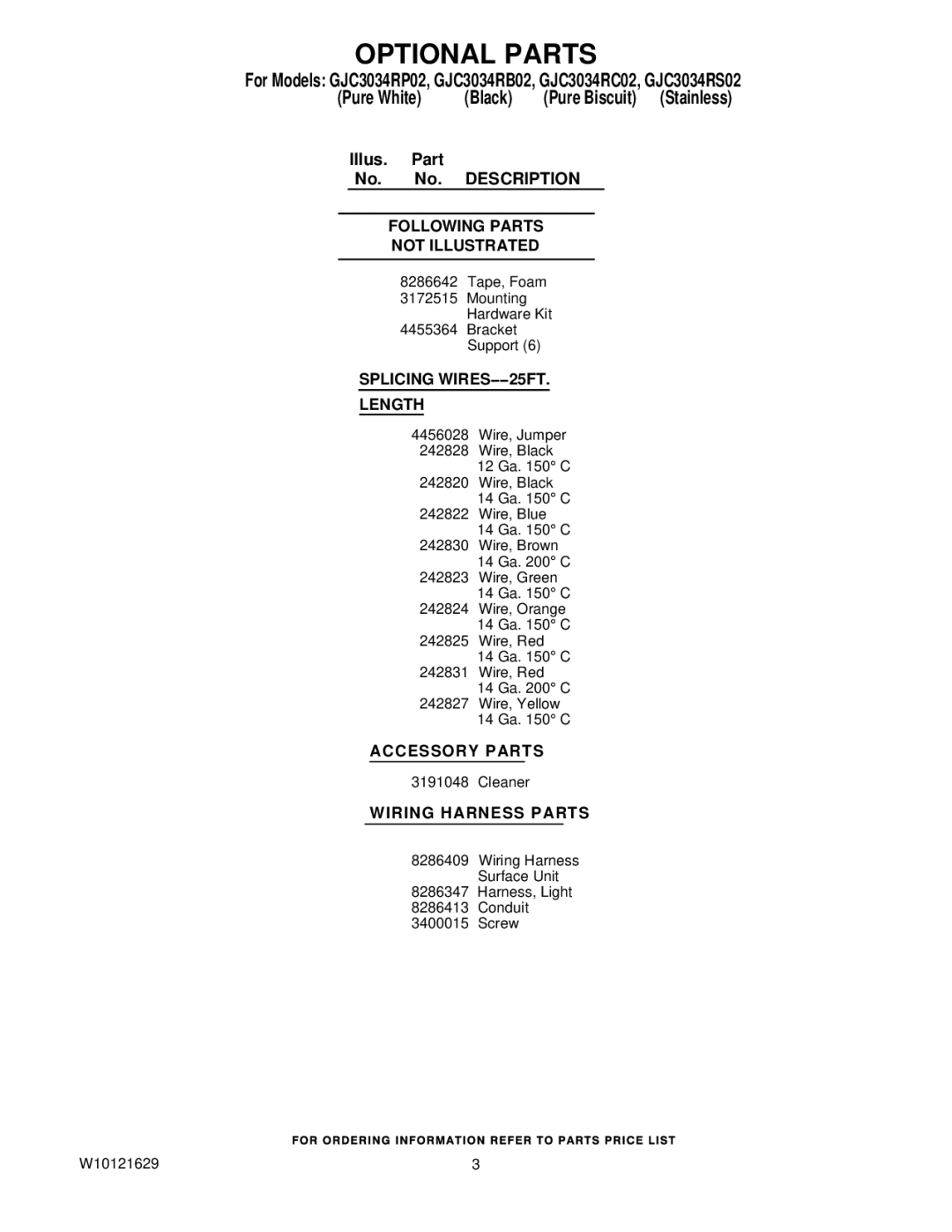 Whirlpool GJC3034RB02 manual Optional Parts, Description Following Parts Not Illustrated, Splicing WIRES−−25FT Length 