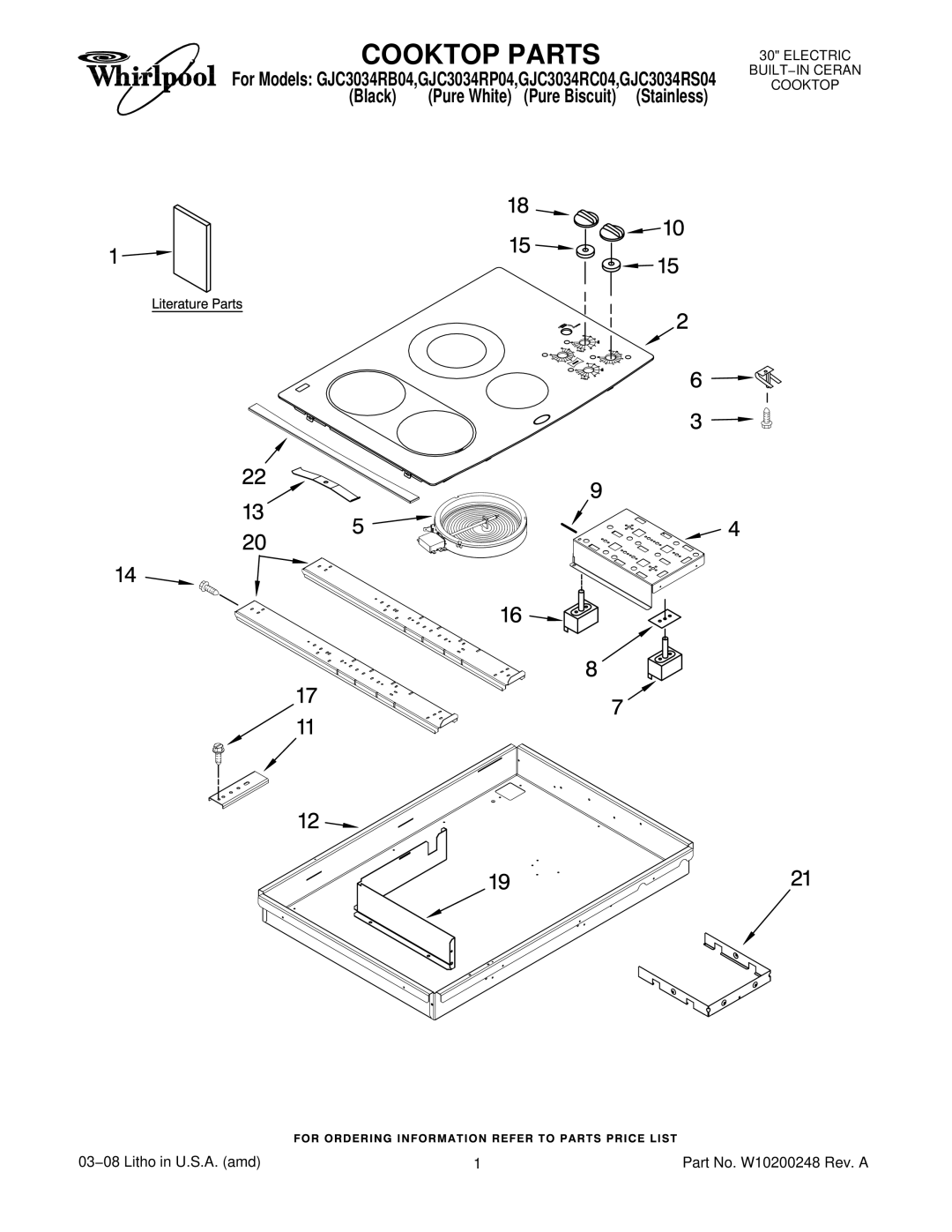 Whirlpool GJC3034RC04, GJC3034RP04, GJC3034RS04 manual Cooktop Parts, Black Pure White Pure Biscuit Stainless 