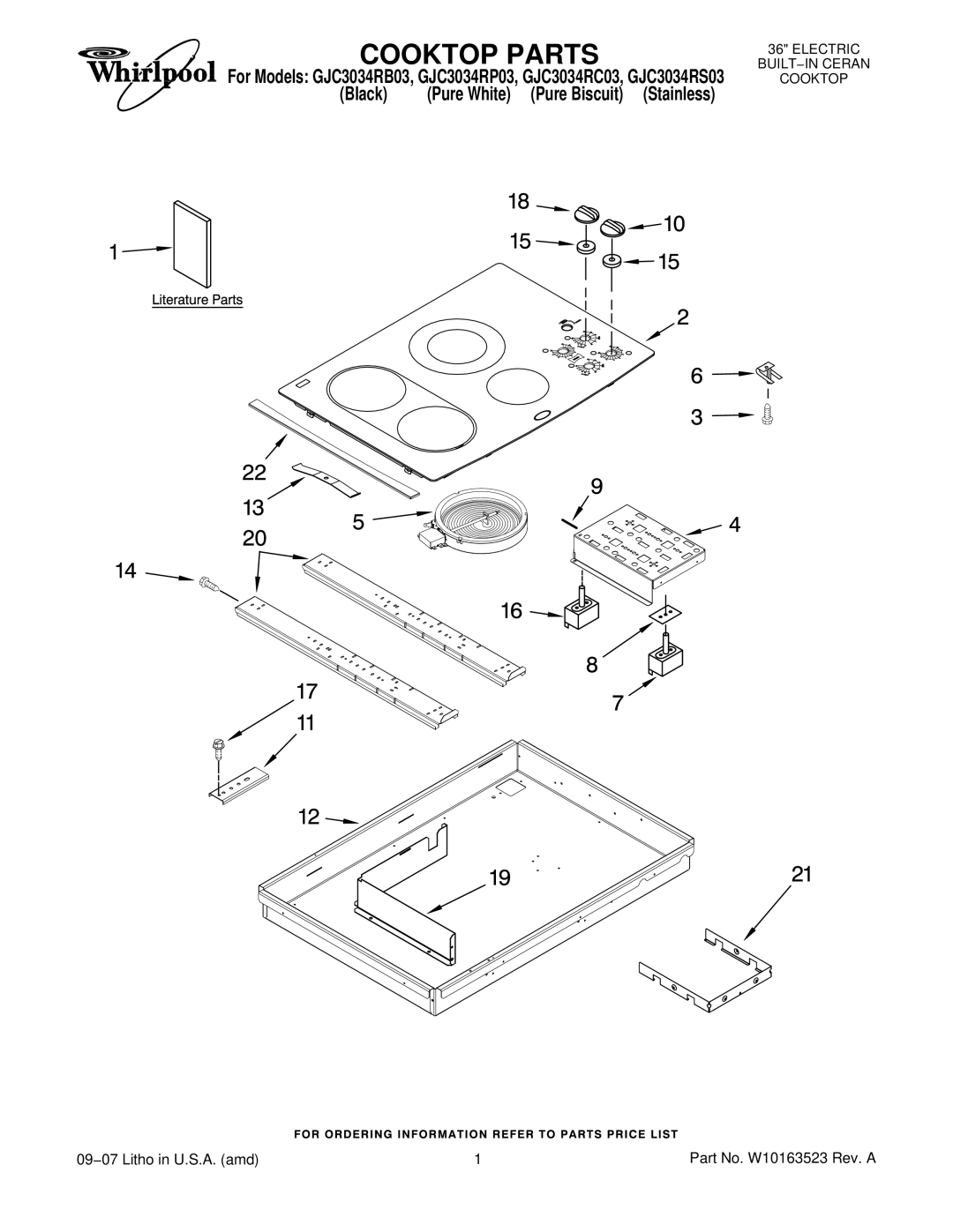 Whirlpool GJC3034RB03, GJC3034RS03, GJC3034RP03, GJC3034RC03 manual Cooktop Parts 