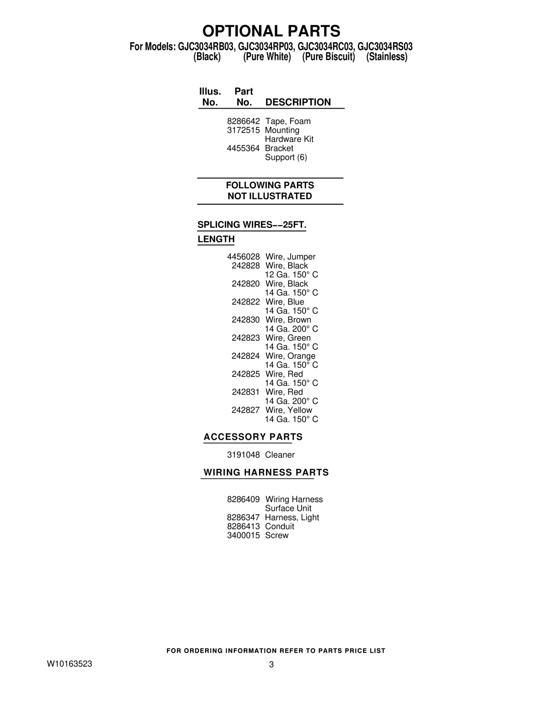 Whirlpool GJC3034RC03 manual Optional Parts, Description, Following Parts Not Illustrated Splicing WIRES−−25FT Length 