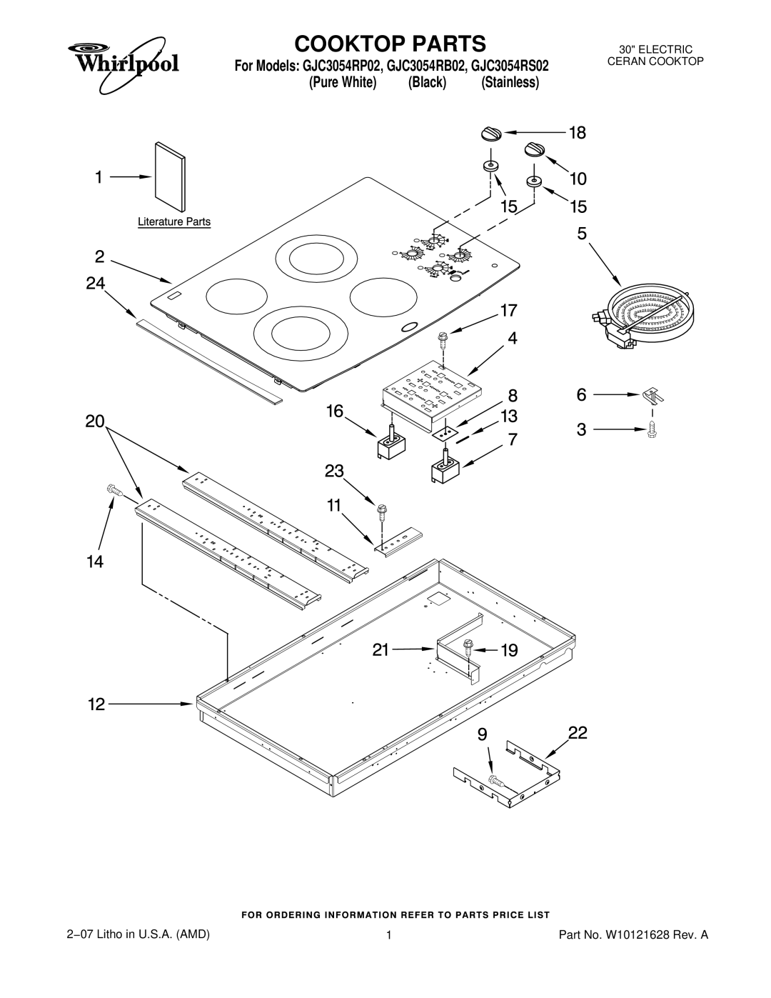 Whirlpool manual Cooktop Parts, For Models GJC3054RP02, GJC3054RB02, GJC3054RS02 