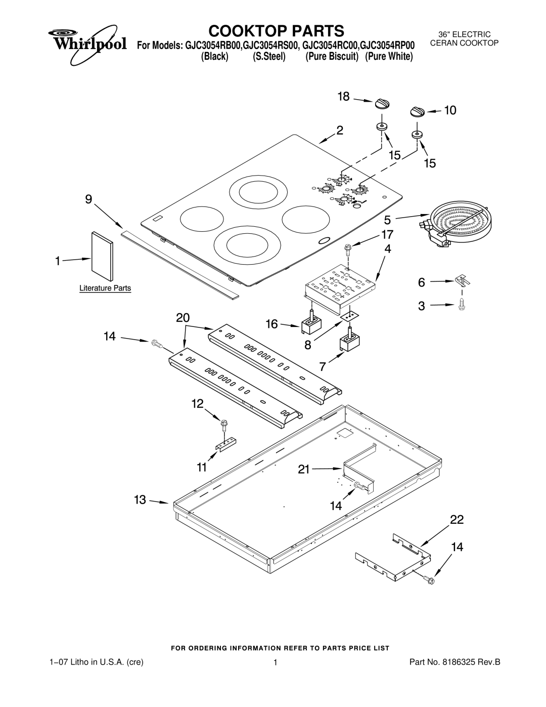 Whirlpool GJC3054RS00, GJC3054RC00, GJC3054RB00, GJC3054RP00 manual Cooktop Parts 