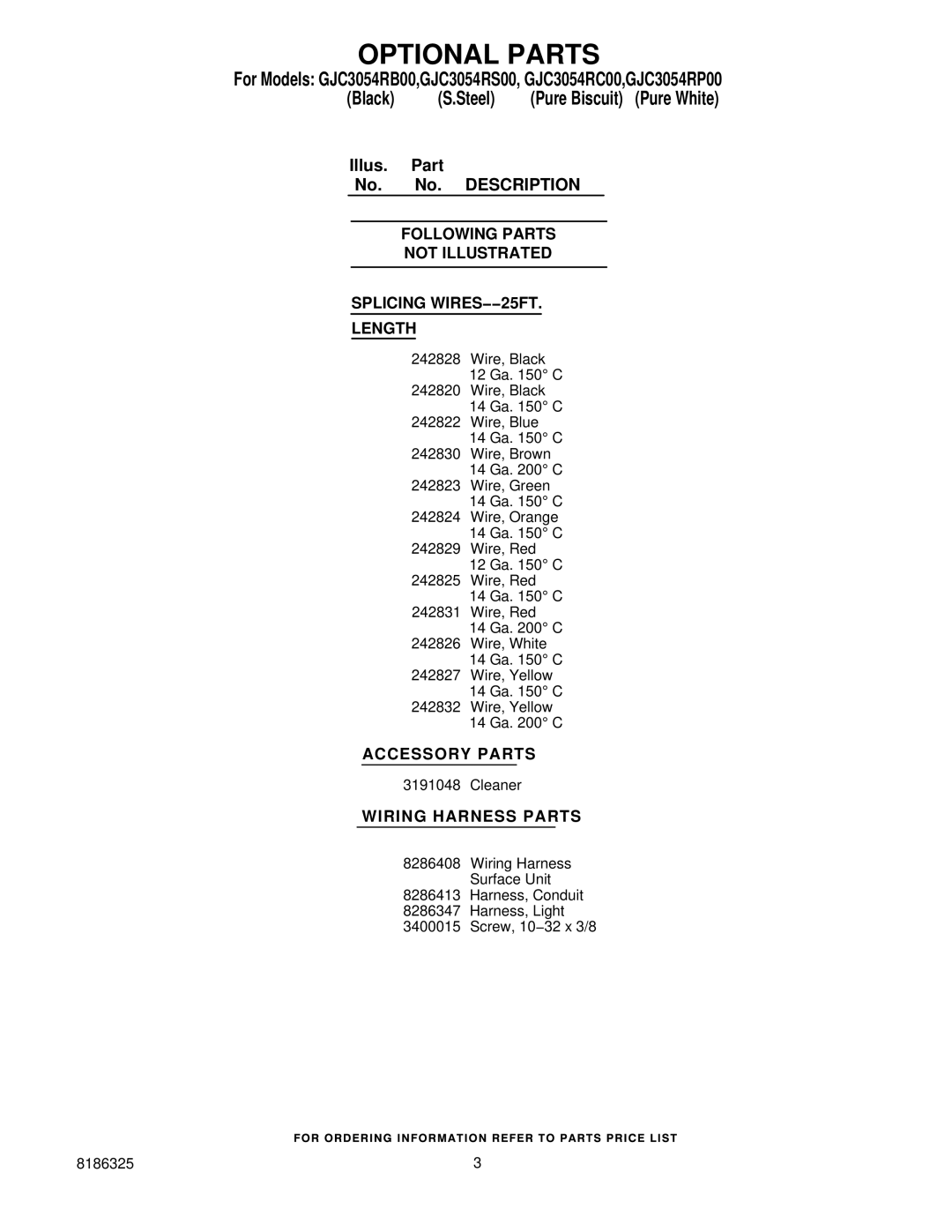 Whirlpool GJC3054RP00 manual Optional Parts, Following Parts Not Illustrated Splicing WIRES−−25FT Length, Accessory Parts 