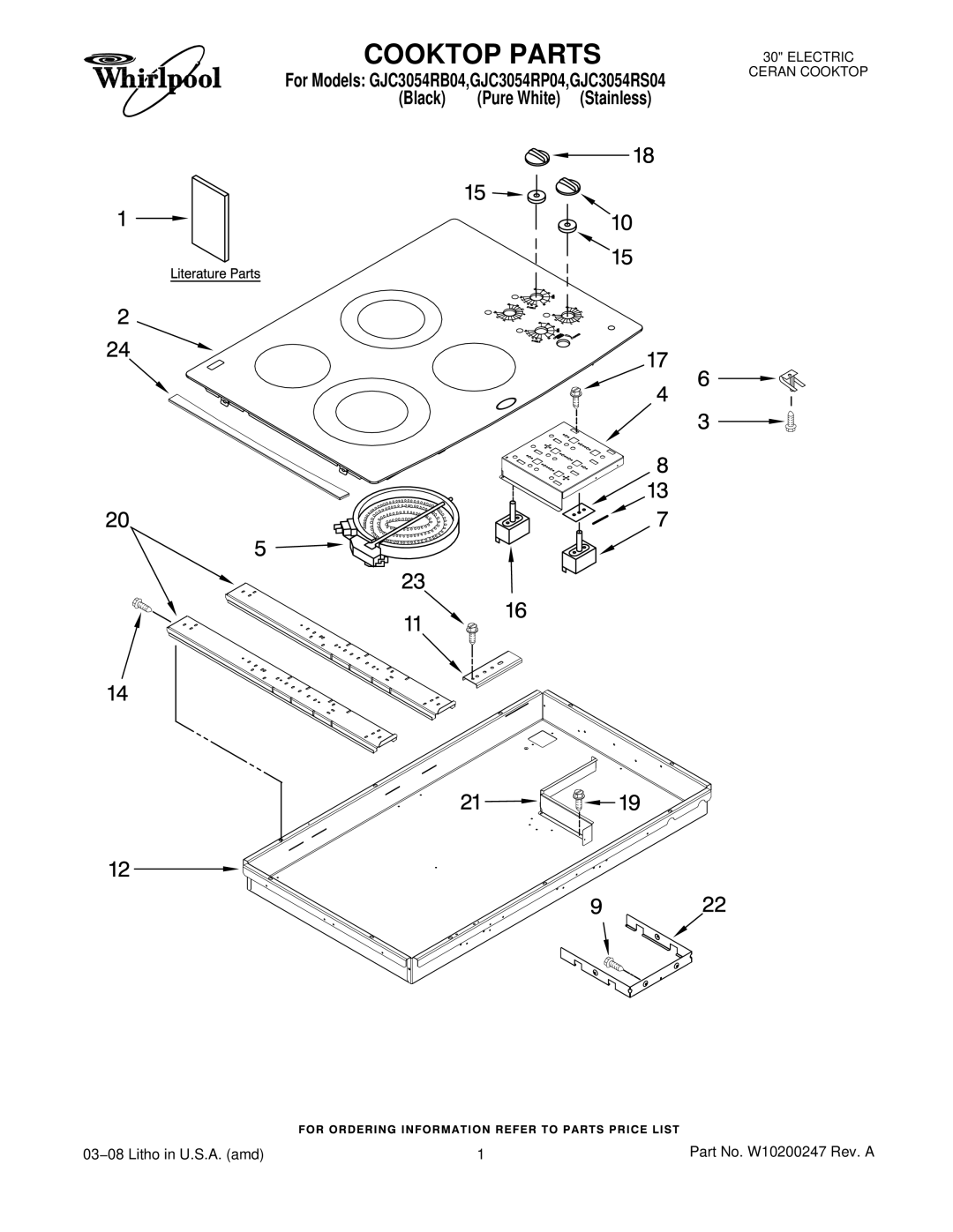 Whirlpool GJC3054RB04, GJC3054RP04, GJC3054RS04 manual Cooktop Parts, Black Pure White Stainless 
