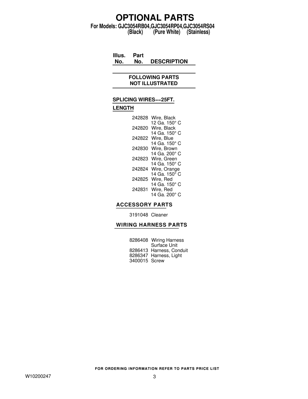 Whirlpool manual Optional Parts, For Models GJC3054RB04,GJC3054RP04,GJC3054RS04, Accessory Parts, Wiring Harness Parts 