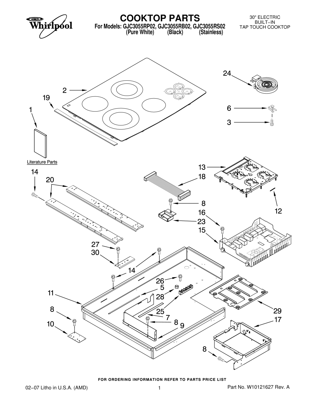 Whirlpool GJC3055R manual Cooktop Parts, Pure White Black Stainless 