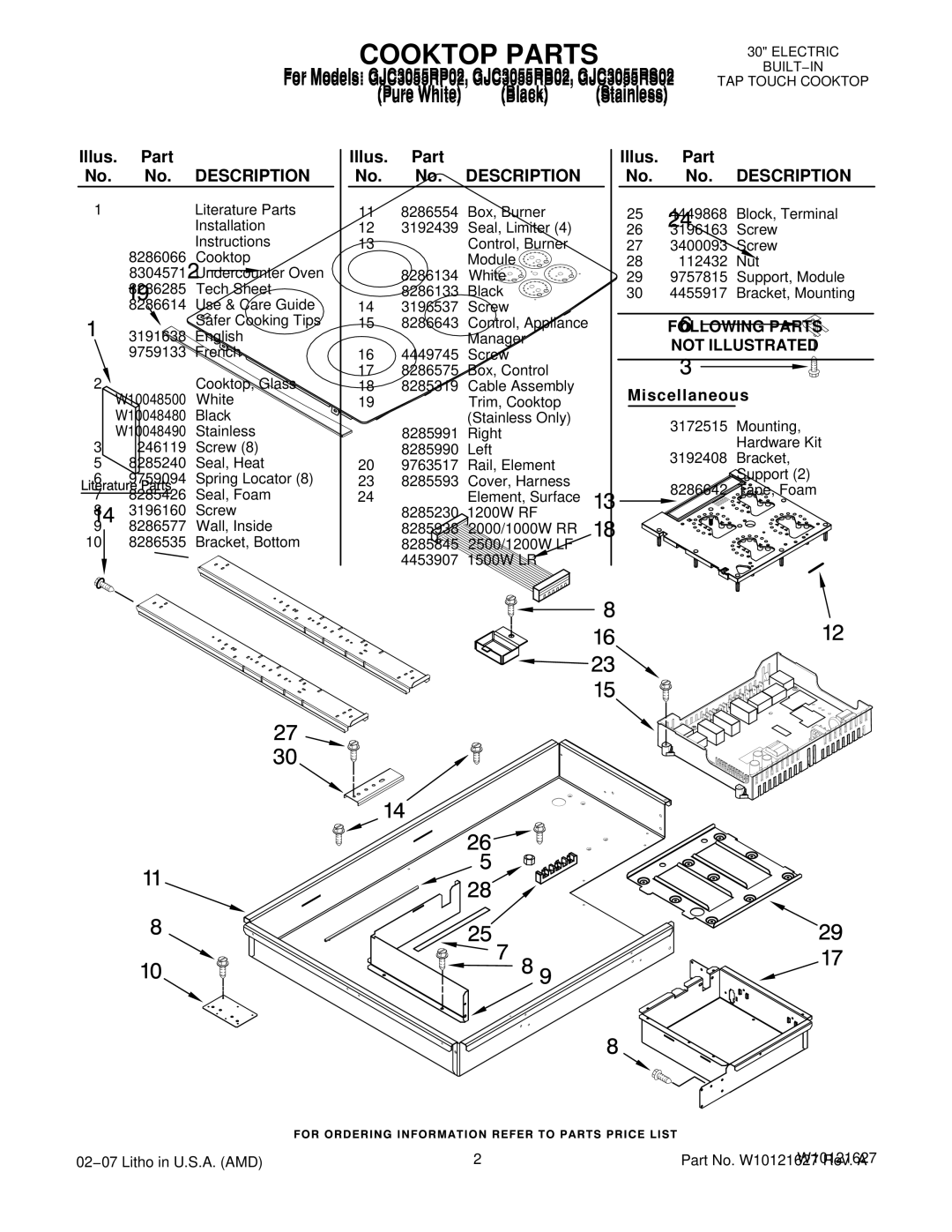 Whirlpool GJC3055R manual Illus. Part No. No. Description, Following Parts Not Illustrated, Miscellaneous 