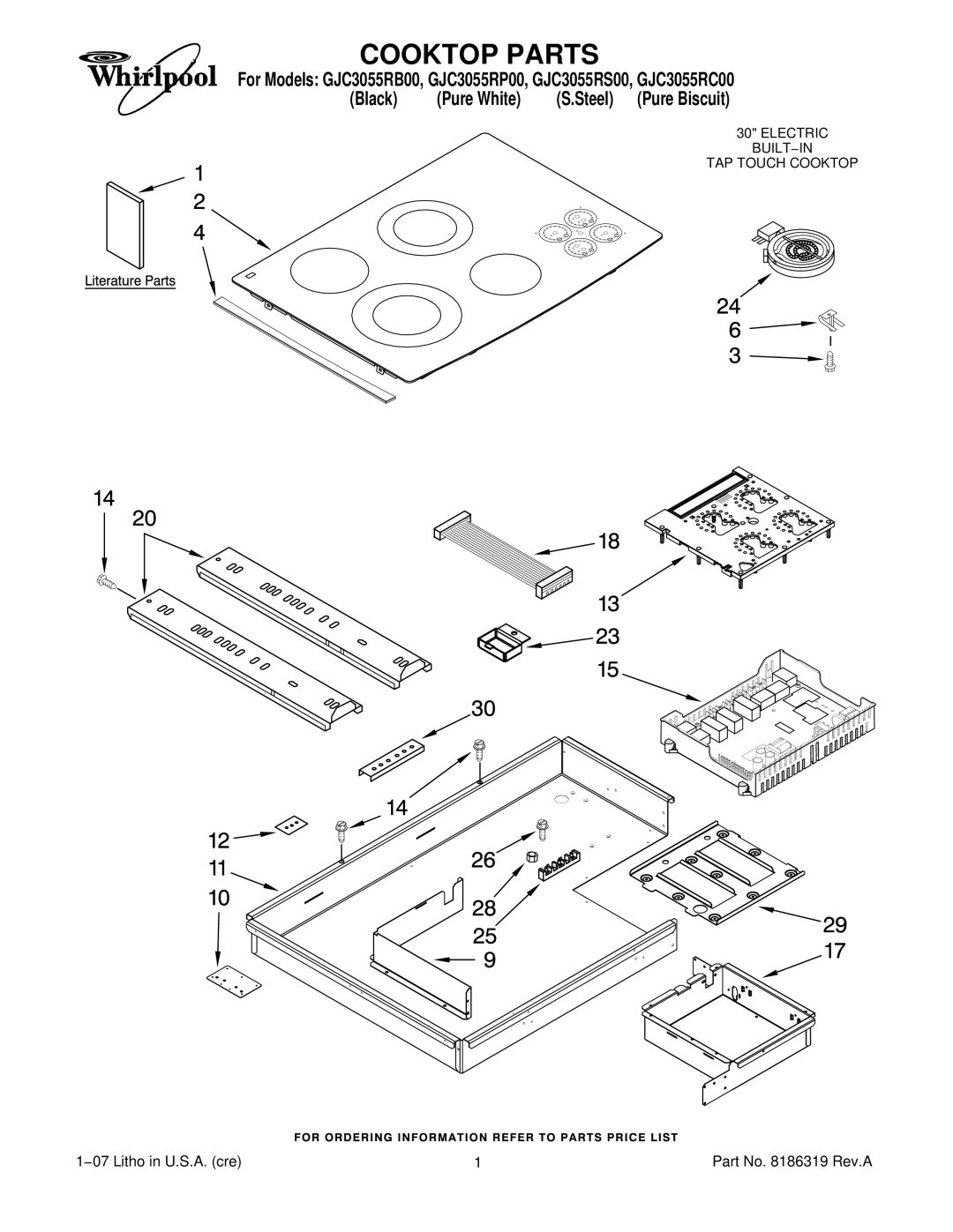 Whirlpool GJC3055RS00, GJC3055RP00, GJC3055RB00, GJC3055RC00 manual Cooktop Parts 