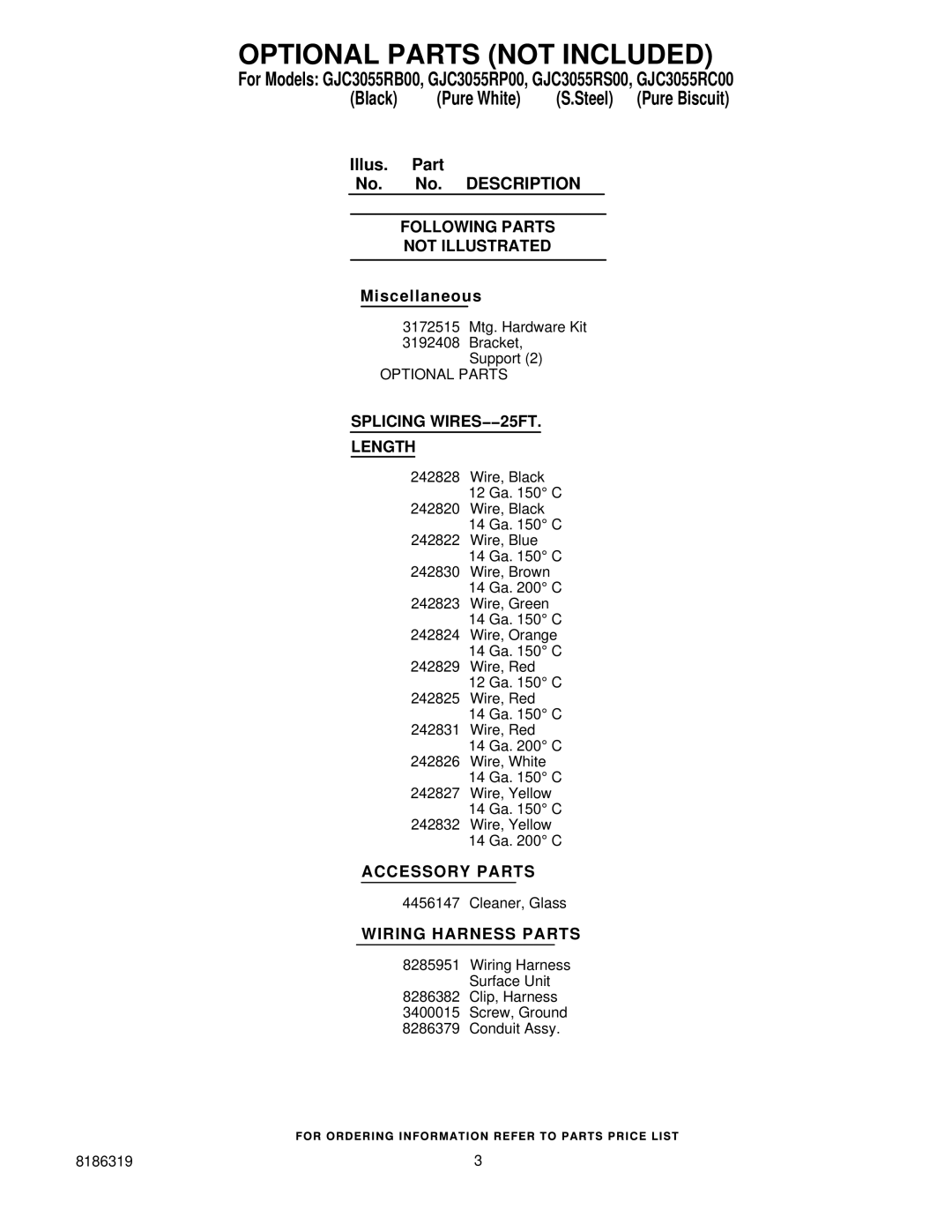 Whirlpool GJC3055RC00 manual Optional Parts not Included, Following Parts Not Illustrated, Splicing WIRES−−25FT Length 