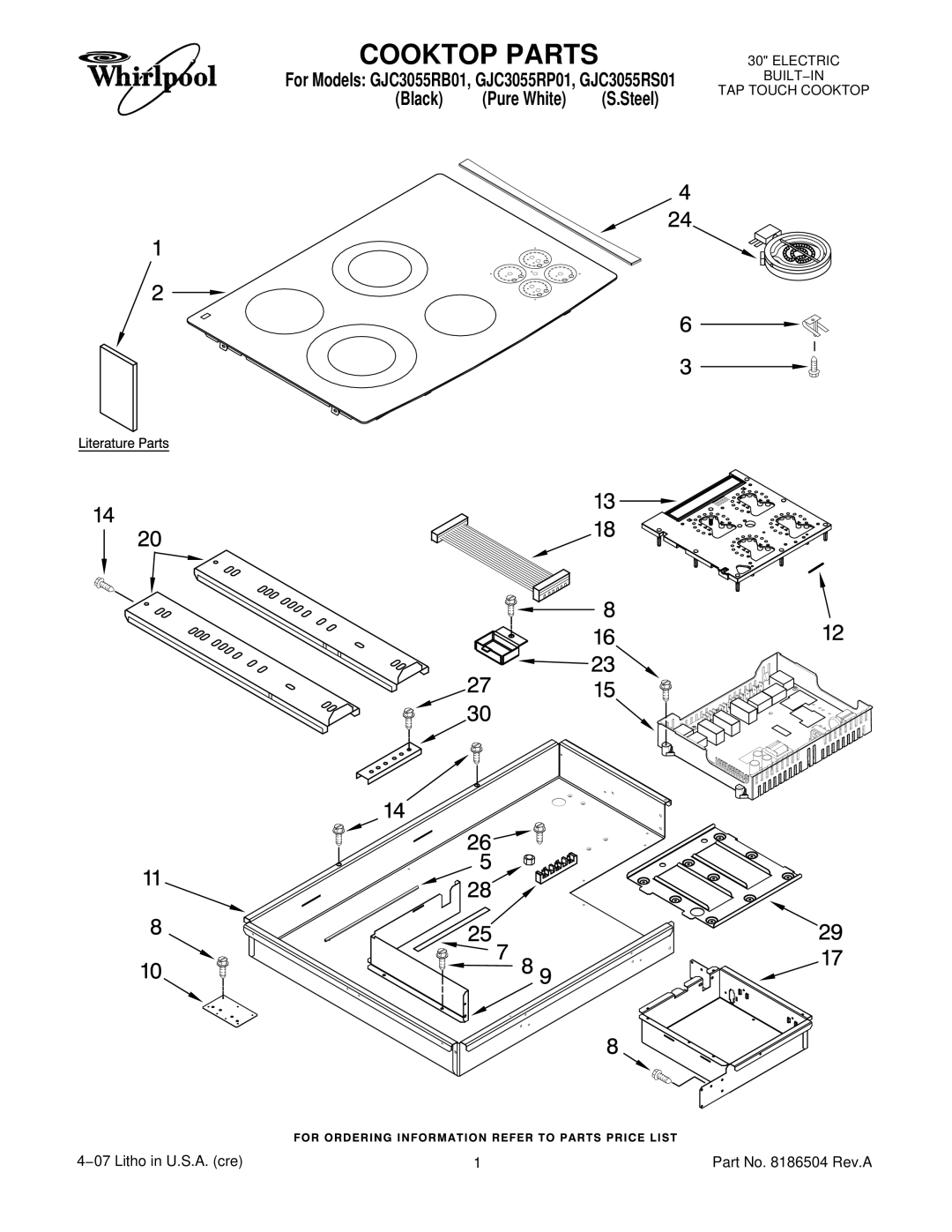 Whirlpool GJC3055RS01, GJC3055RP01, GJC3055RB01 manual Cooktop Parts, Black Pure White S.Steel 