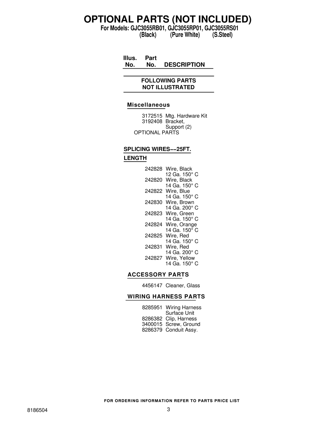 Whirlpool GJC3055RP01 manual Optional Parts not Included, Description Following Parts Not Illustrated, Accessory Parts 