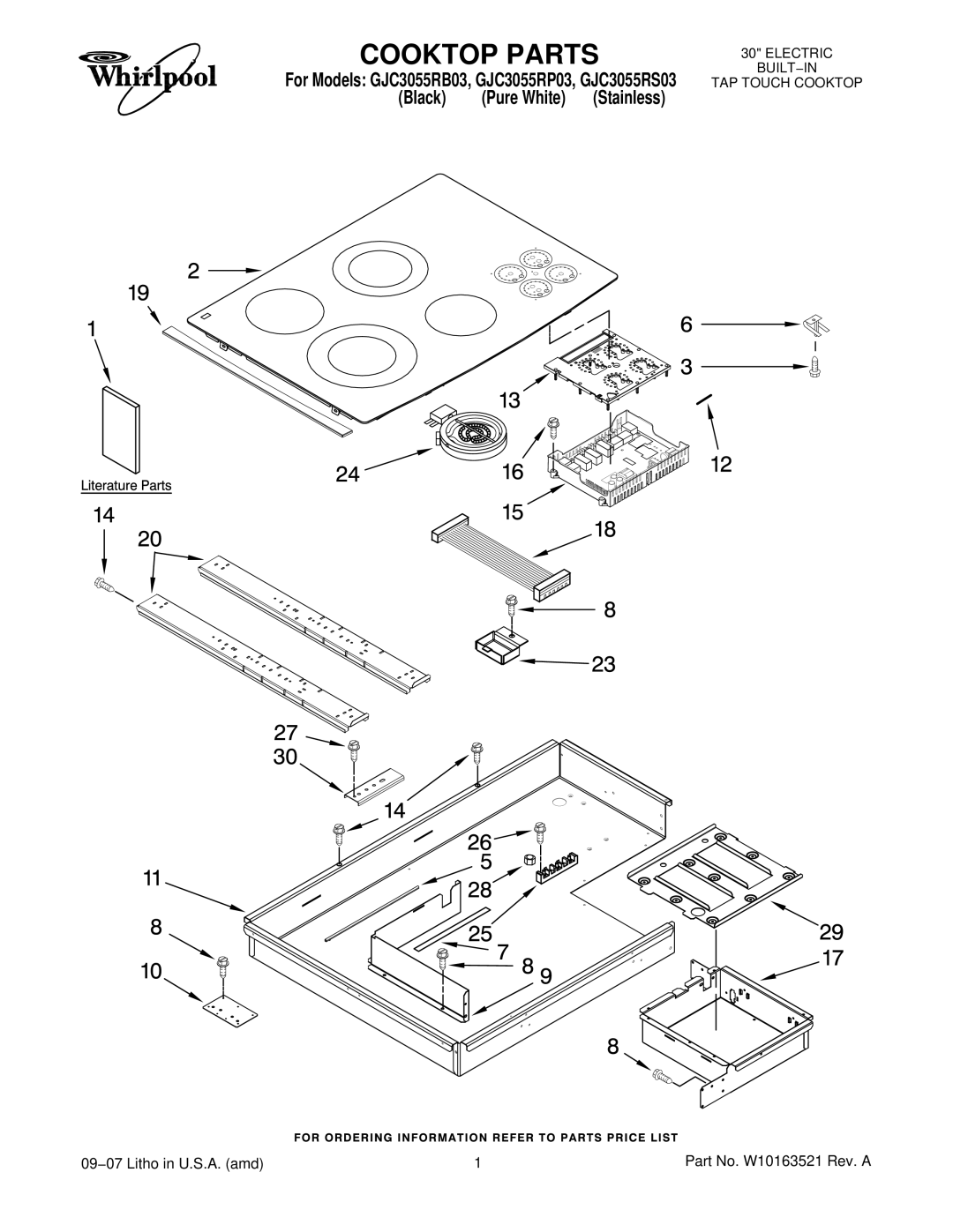 Whirlpool GJC3055RS03, GJC3055RP03, GJC3055RB03 manual Cooktop Parts, Black Pure White Stainless 