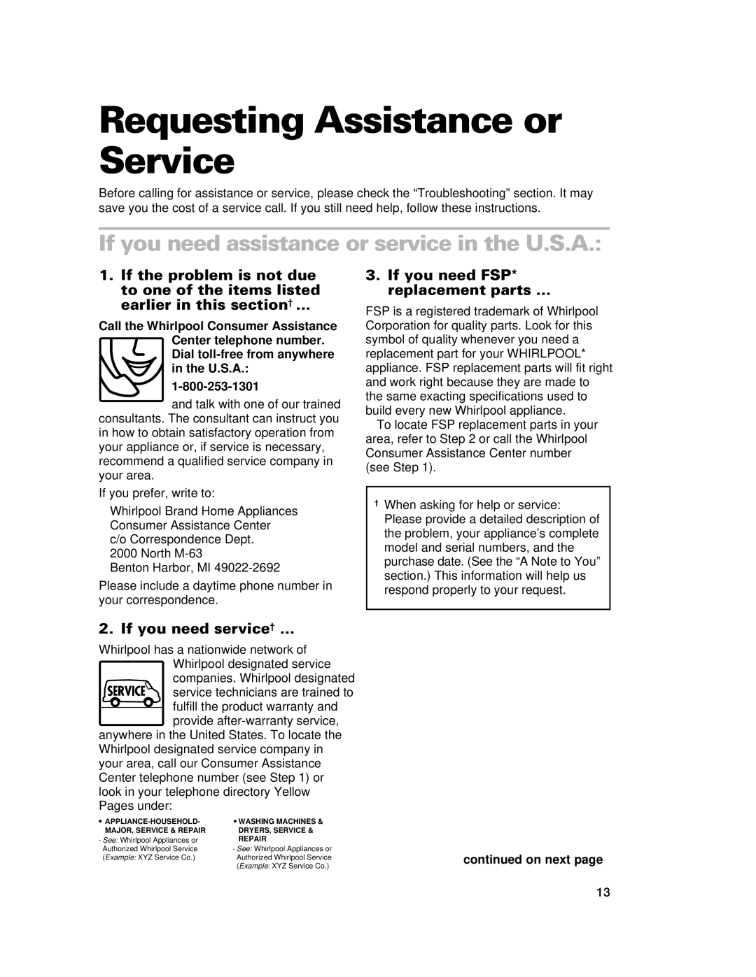 Whirlpool GJC3034H, GJC3634H warranty Requesting Assistance or Service, If you need assistance or service in the U.S.A 