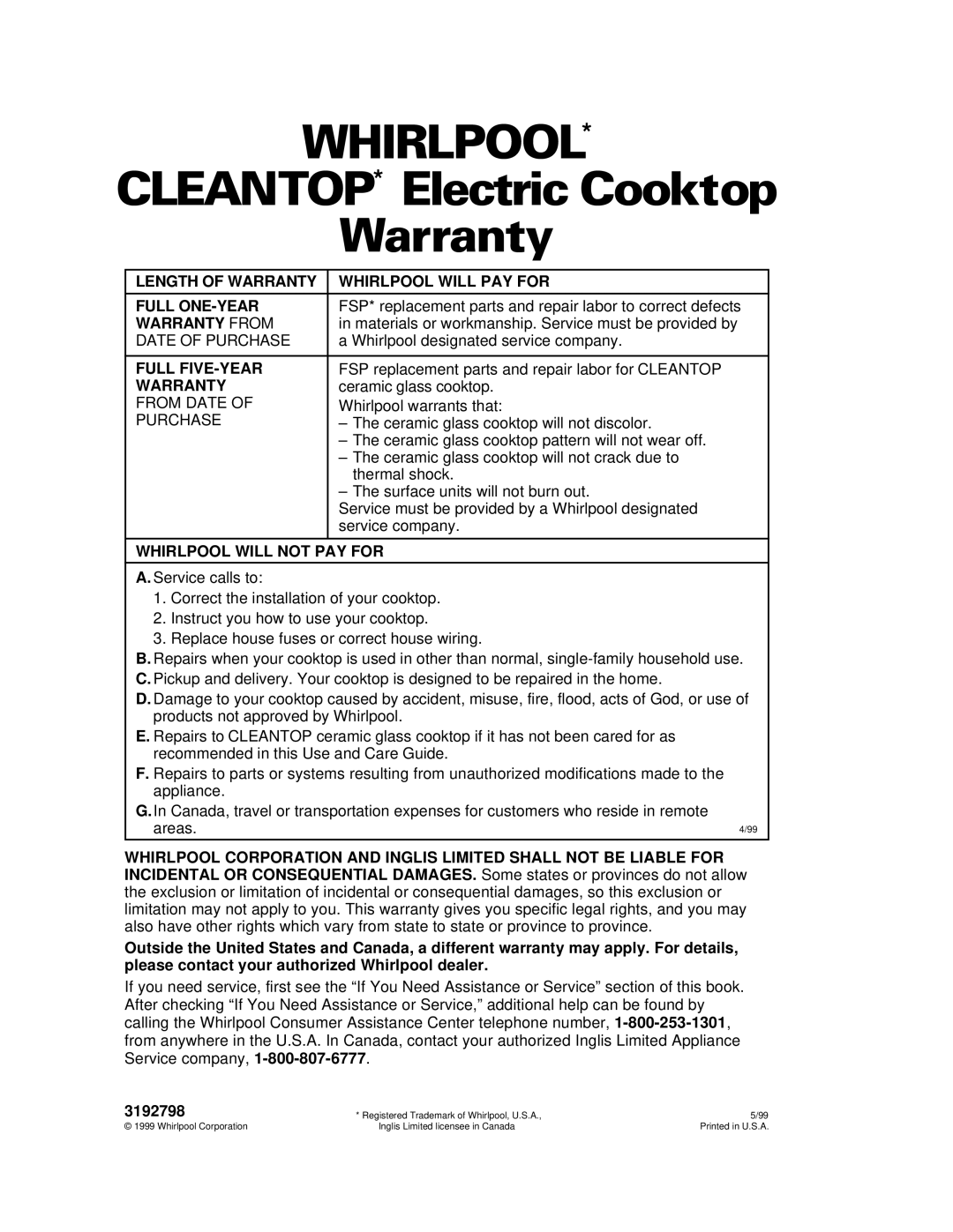 Whirlpool GJC3034H, GJC3634H warranty CLEANTOP* Electric Cooktop Warranty 