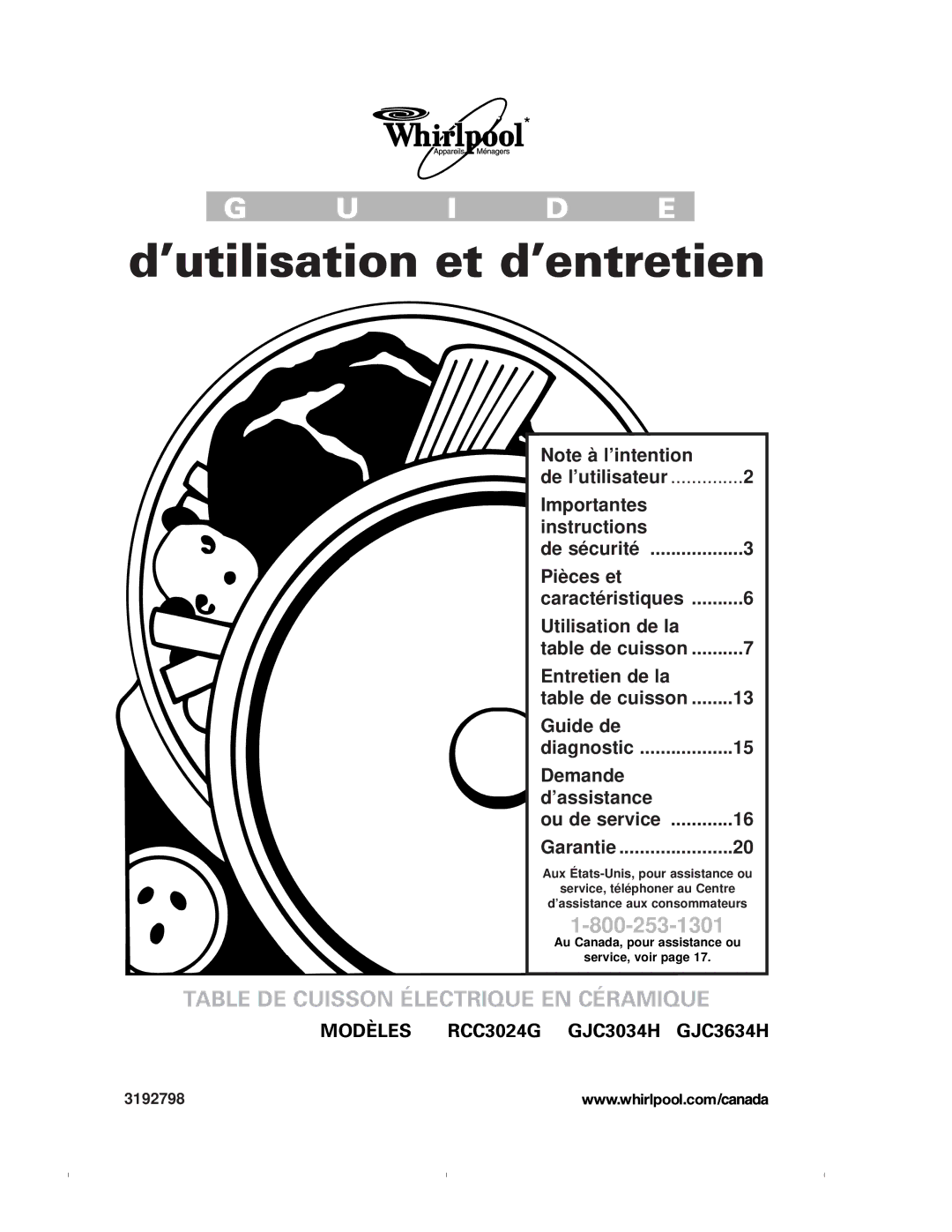Whirlpool GJC3634H, GJC3034H warranty ’utilisation et d’entretien, Table DE Cuisson Électrique EN Céramique 