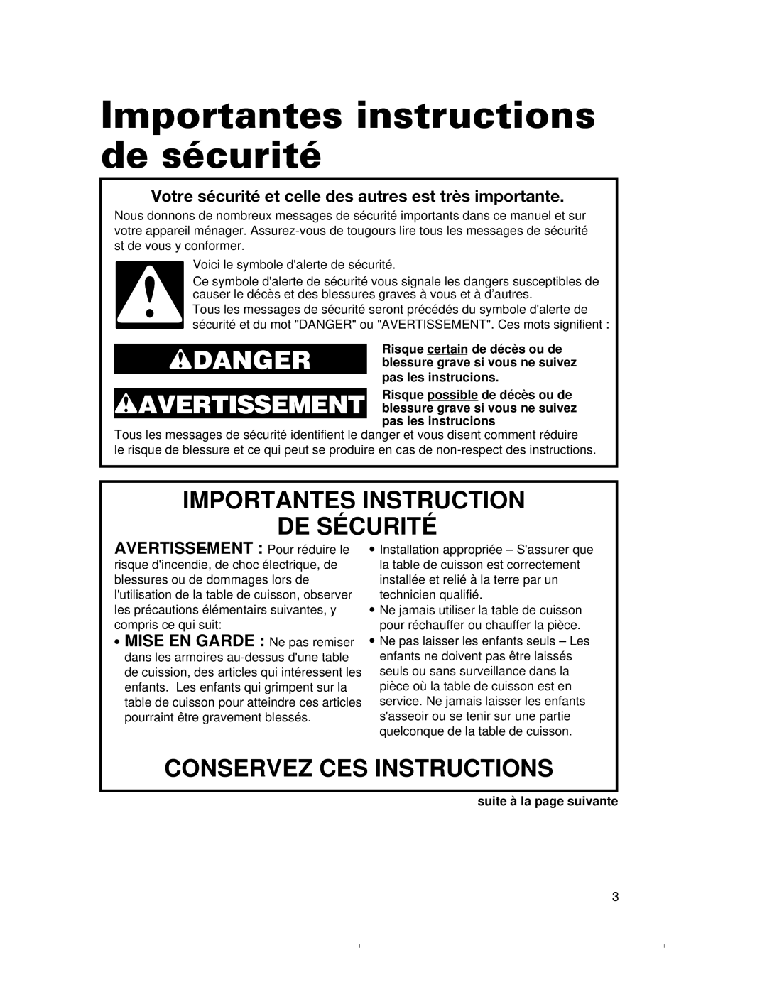 Whirlpool GJC3634H, GJC3034H warranty Importantes instructions de sécurité, Suite à la page suivante 