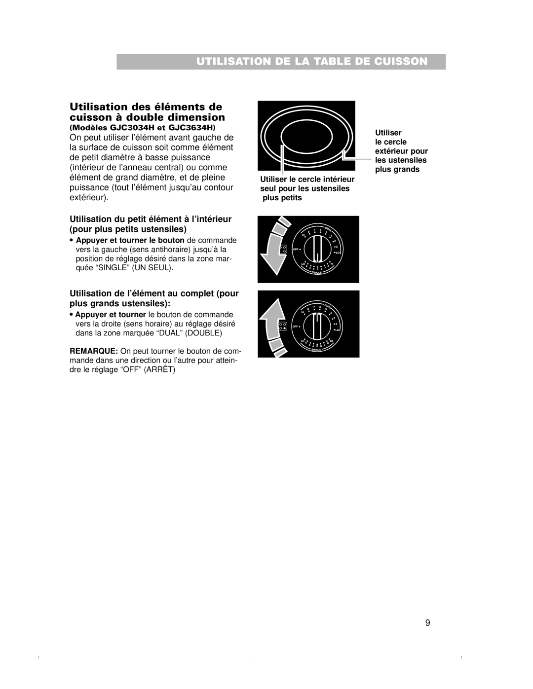 Whirlpool GJC3634H, GJC3034H warranty Utilisation des éléments de cuisson à double dimension 