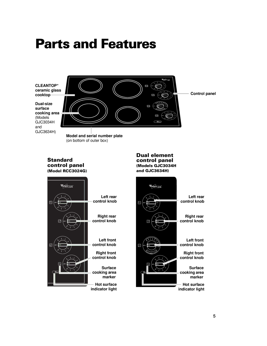 Whirlpool GJC3034H, GJC3634H warranty Parts and Features, Standard Dual element Control panel 