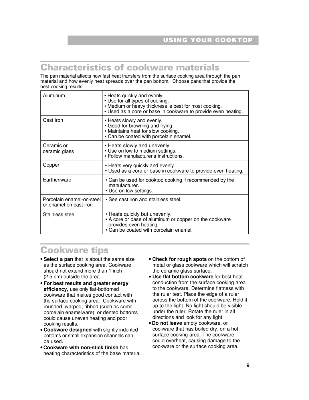 Whirlpool GJC3034H, GJC3634H warranty Characteristics of cookware materials, Cookware tips 