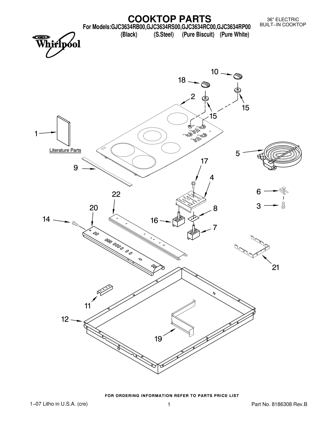 Whirlpool GJC3634RC00, GJC3634RB00, GJC3634RS00, GJC3634RP00 manual Cooktop Parts 