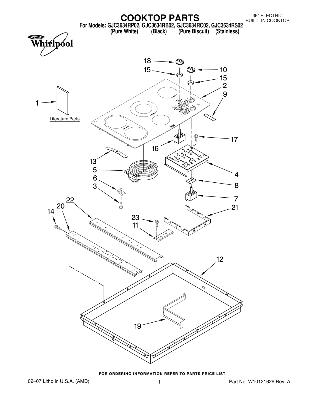 Whirlpool GJC3634RP02, GJC3634RS02, GJC3634RB02, GJC3634RC02 manual Cooktop Parts, Pure White Black Pure Biscuit Stainless 