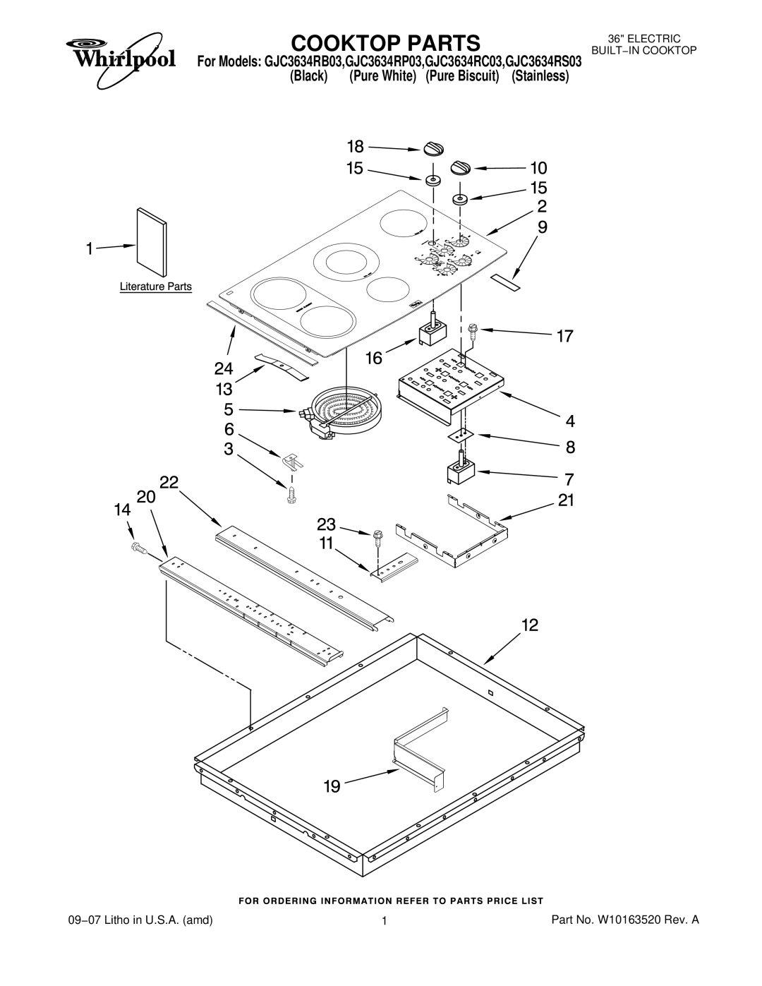 Whirlpool GJC3634RP03, GJC3634RS03, GJC3634RB03, GJC3634RC03 manual Cooktop Parts 