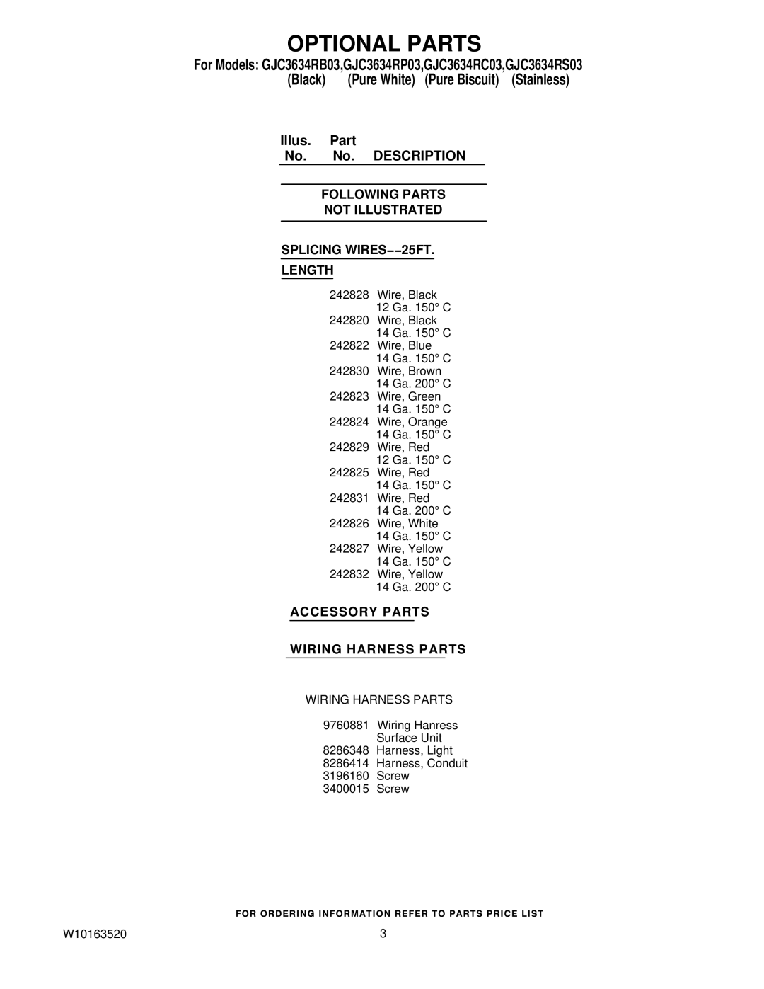 Whirlpool GJC3634RC03, GJC3634RS03, GJC3634RP03 Optional Parts, Following Parts Not Illustrated Splicing WIRES−−25FT Length 